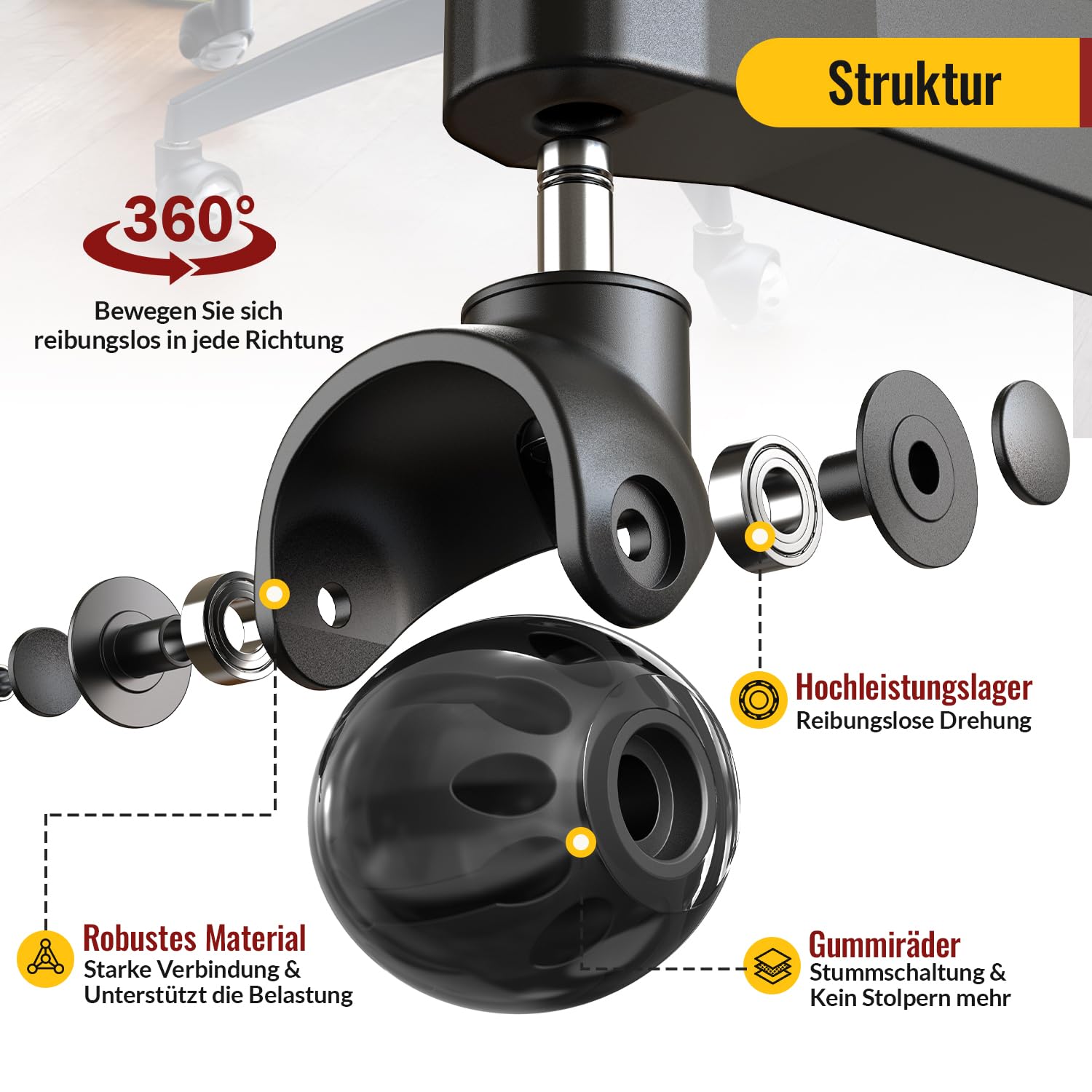 Thumbnail 5 de HOLKIE Bürostuhl Rollen 5er-Set (11x22 mm) – 360° drehbar, leise PU-Doppelrollen für Hartboden