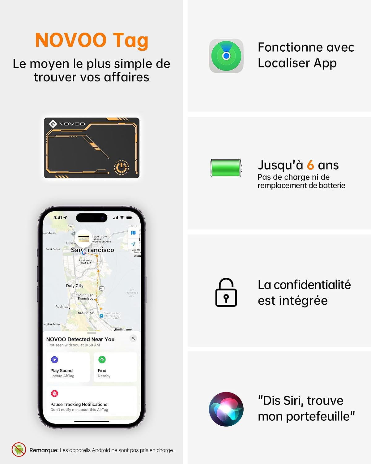 Detalle de NOVOO Item Location Air Tag 1.6mm Slim – Carte Bague AirTag compatible, IP68, 6 ans d’autonomie, mode perdu – pour portefeuille, bagages et passeport (iOS uniquement)
