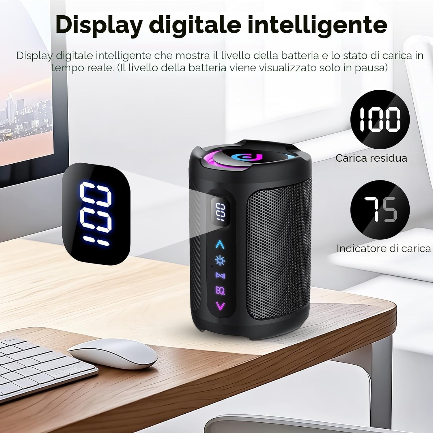 Detalle de Cassa Bluetooth Portatile con Display Digitale, LED RGB e Smart EQ — 24h di autonomia, IPX7, Bluetooth 5.4