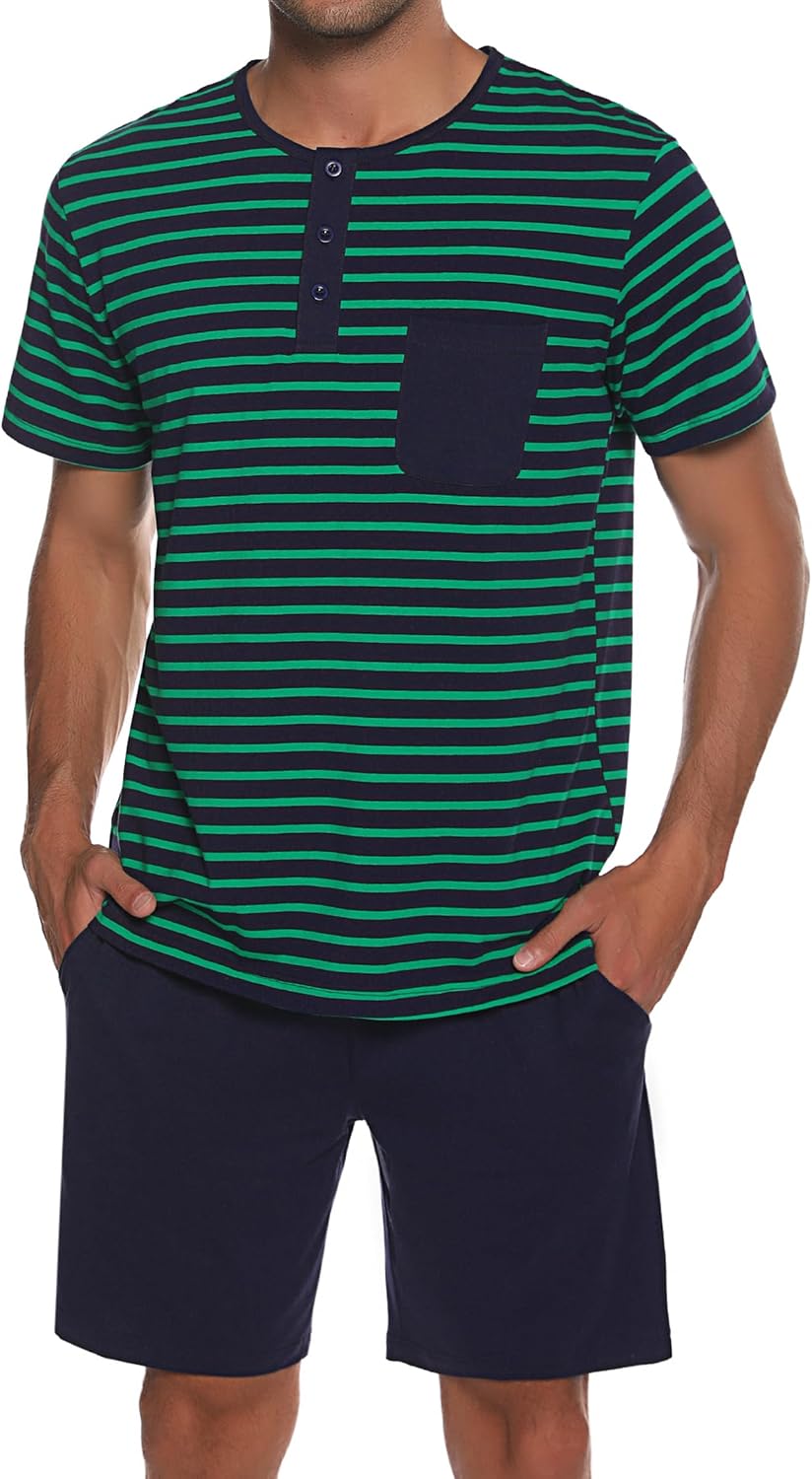 Detalle de Leversic Schlafanzug Herren Kurz aus Baumwolle – Kontraststreifen, Sommer-Set (Oberteil + kurze Hosen)