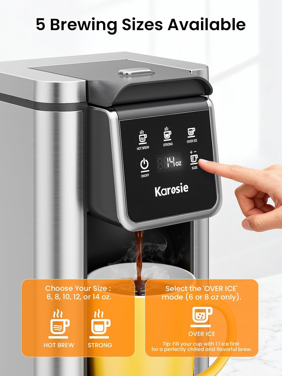 Thumbnail 5 de Karosie K Cup Coffee Maker (Hot & Iced) for K Pods and Grounds, 6–14 Oz, 50oz Removable Tank