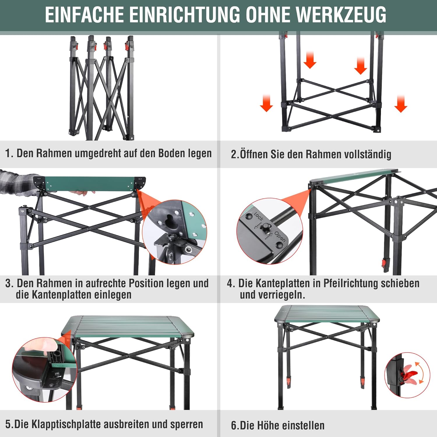 Thumbnail 6 de VILLEY Aluminium Klapptisch 52×52×65 cm – klappbar, mit Tragetasche und verstellbarem Bein