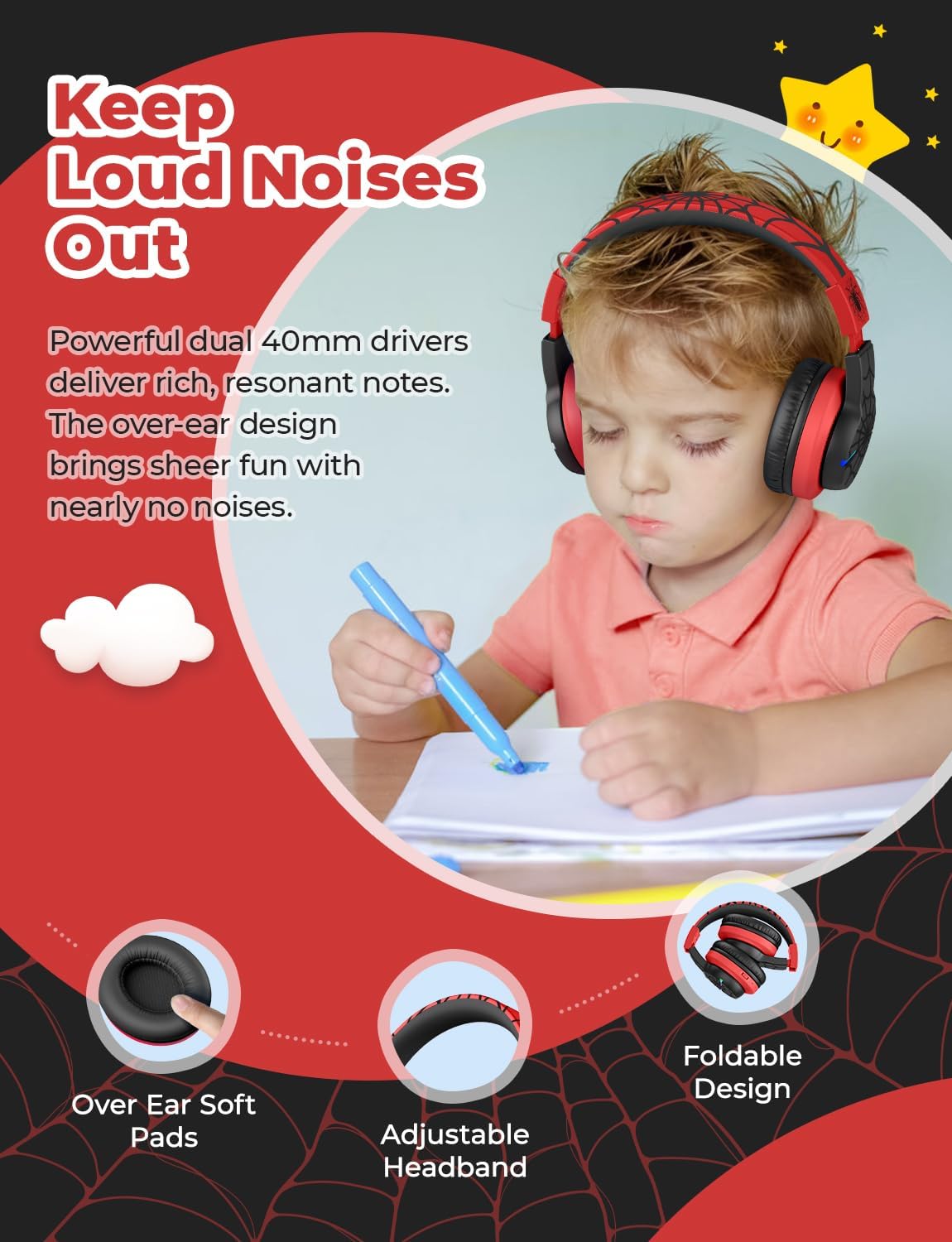 Detalle 2 de iClever BTH12 Kids Bluetooth Headphones with LED Lights and 85-Hour Playtime