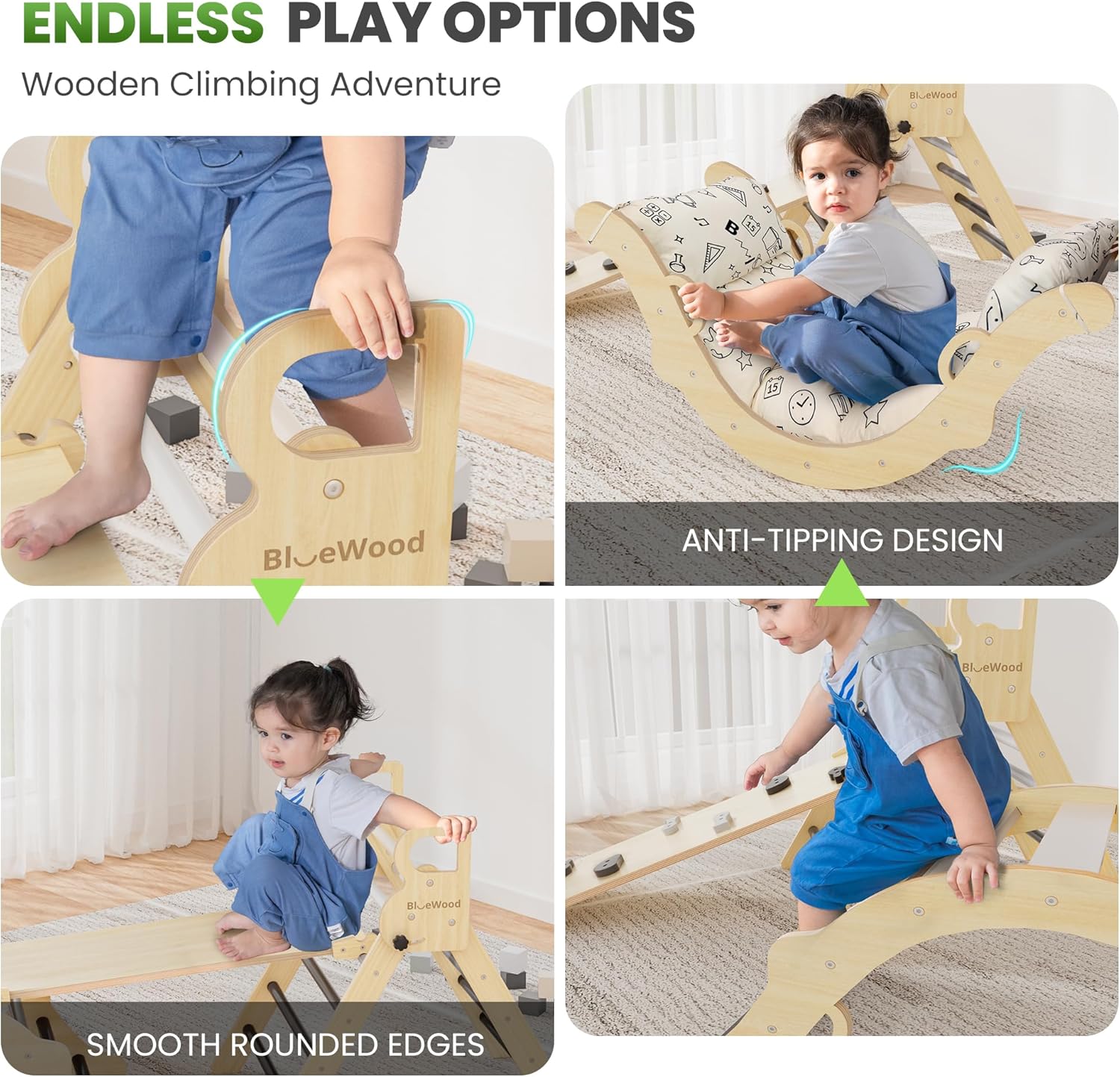 Thumbnail 4 de BlueWood Pikler Triangle Set with Cushion — 8-in-1 Montessori-Inspired Climbing Toy