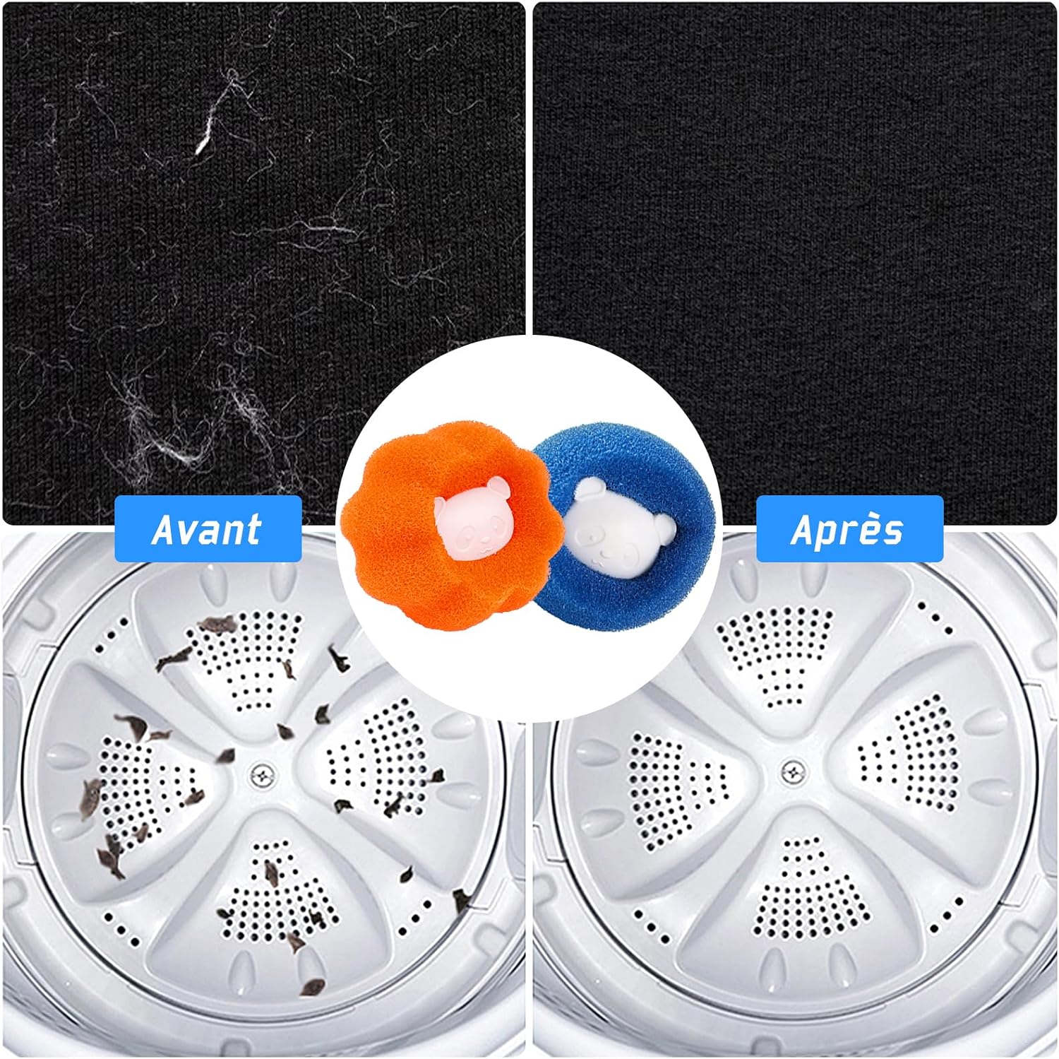 Detalle de Boule Anti Poils Machine à Laver de Yalisite – Absorbe Cheveux et Peluches, Orange+Bleu