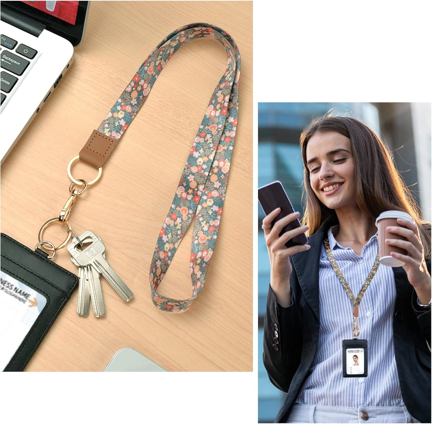 Detalle de Vicloon Schlüsselband mit ID-Badge-Halter, 2 Zubehörteilen und beidseitigem Druck (Blumen)