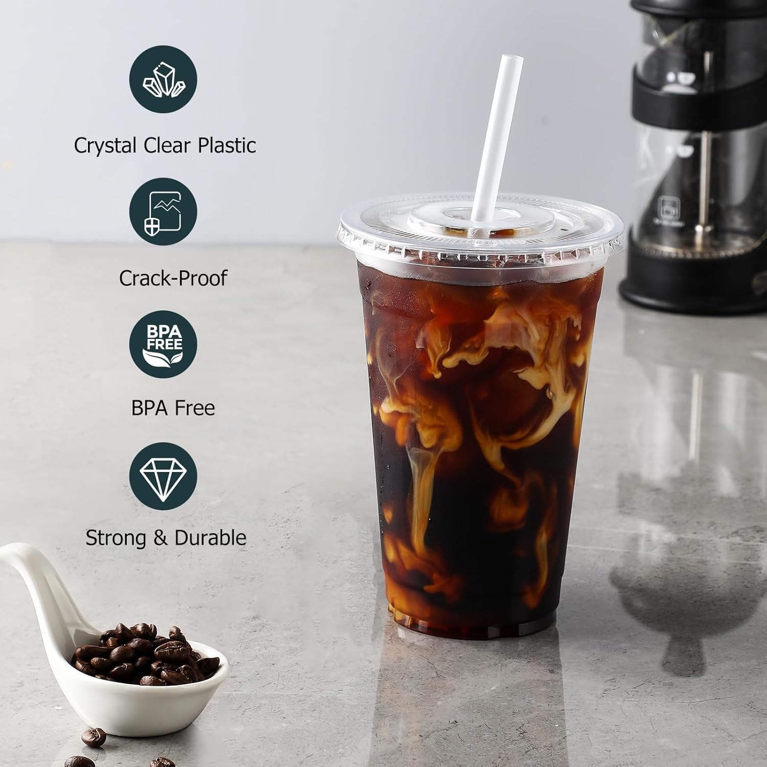 Detalle de AOZITA 16 oz Clear Plastic Cups (100 Sets) with Lids and Straws