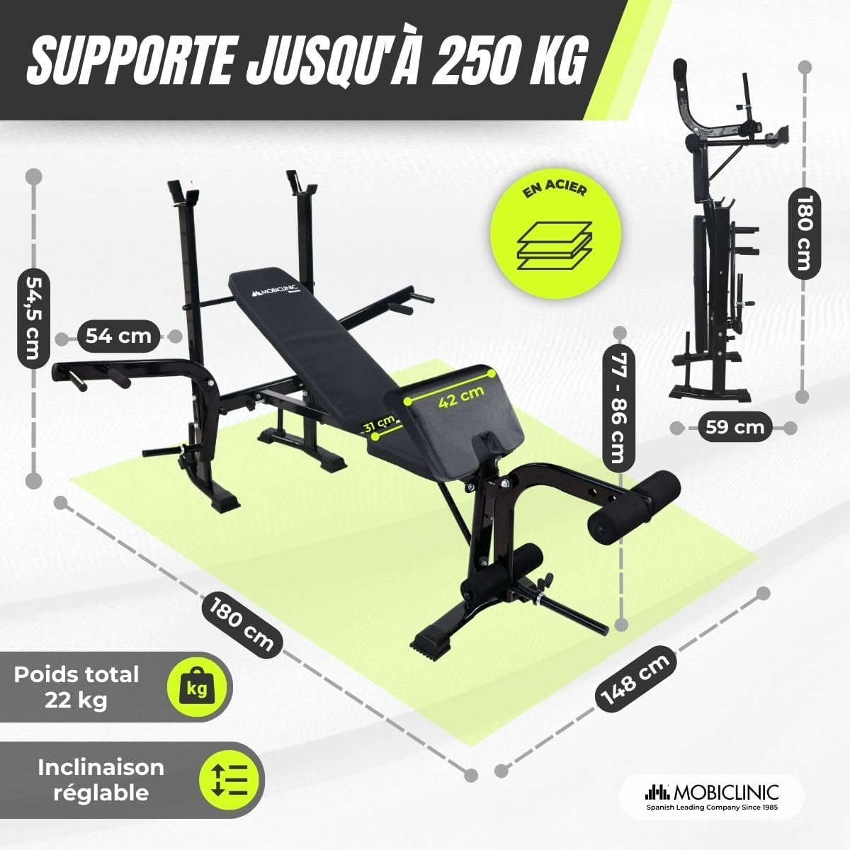 Detalle de Mobicliniс fitness Banc de musculation Pressfit — Banc pliable et ajustable en acier jusqu’à 250 kg