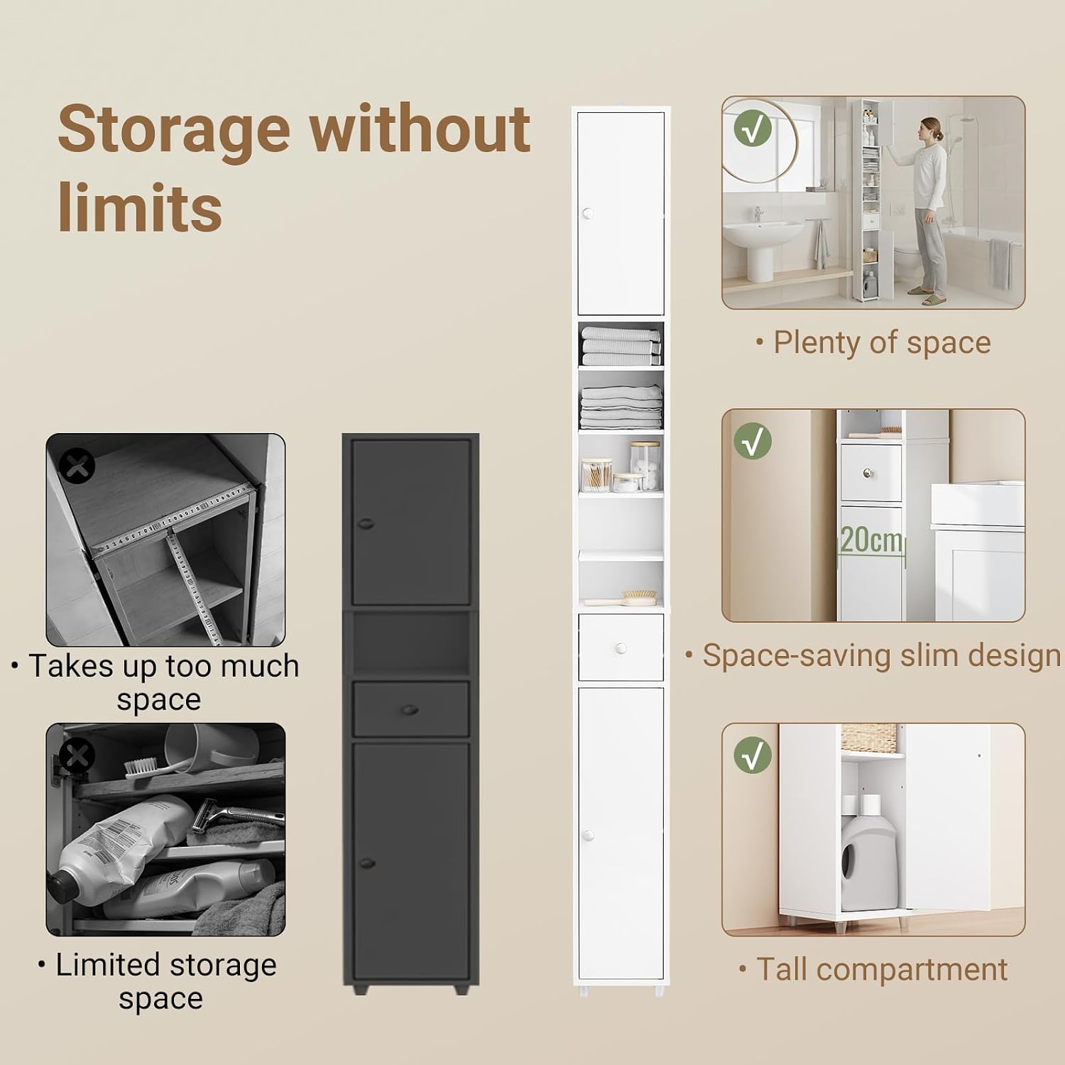 Detalle de SoBuy BZR34-W Bathroom Cabinet, 20 cm Slim White Storage with Adjustable Shelves
