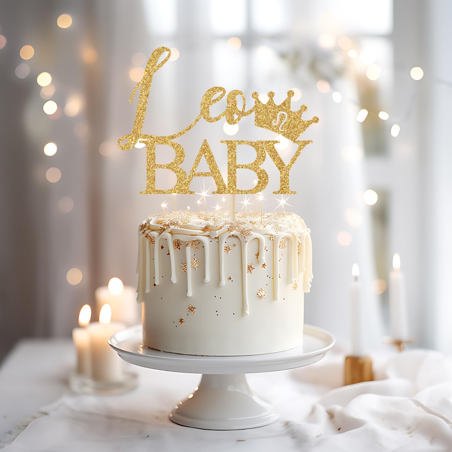 Detalle de Calarjeta Leo Baby Cake Topper, Gold Glitter Zodiac Decor, 4.2 x 5.9 in