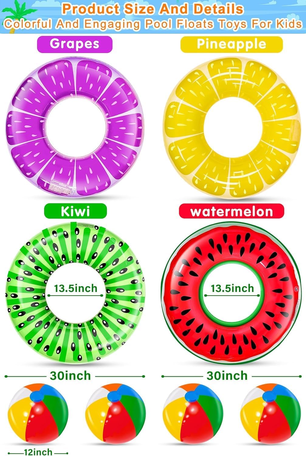 Detalle de 8 Pack Inflatable Pool Floats with Fruit Shapes and Rainbow Beach Balls