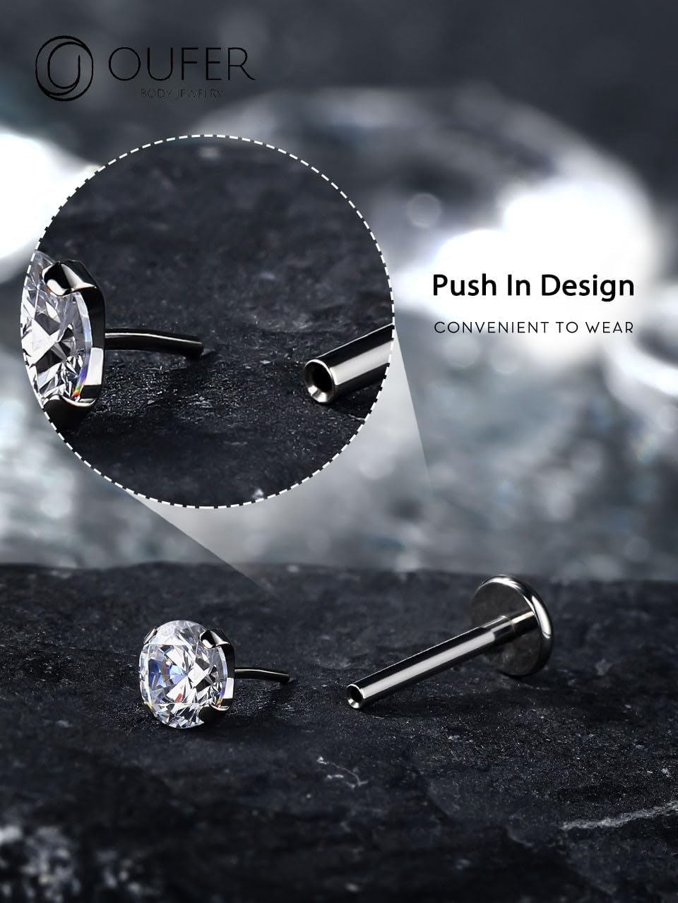 Detalle de OUFER Body Piercing Push In Lip Stud 18G en titane (labret threadless) avec CZ