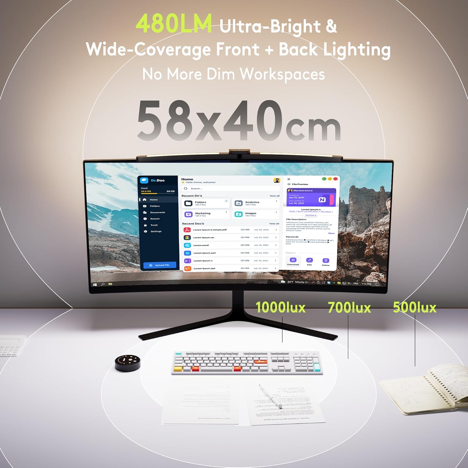 Detalle de Quntis LI-HY-0213-GY Curved Monitor Light Bar, 26-inch Dual Lighting