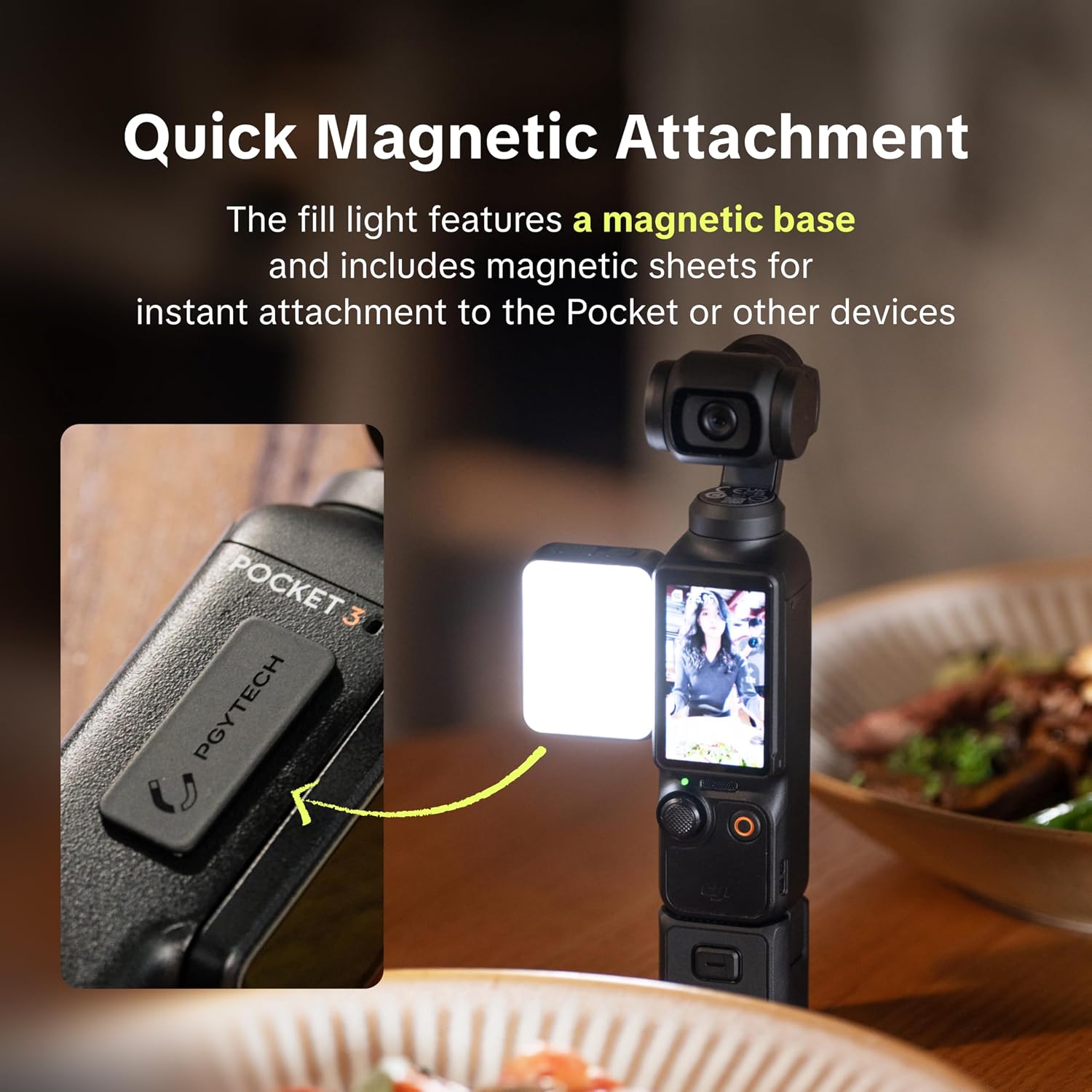Detalle de PGYTECH Magnetisches Mini Fülllicht für DJI Osmo Pocket 3/4/4P/Xtra Muse – ultraleicht, vielseitig und flexibel