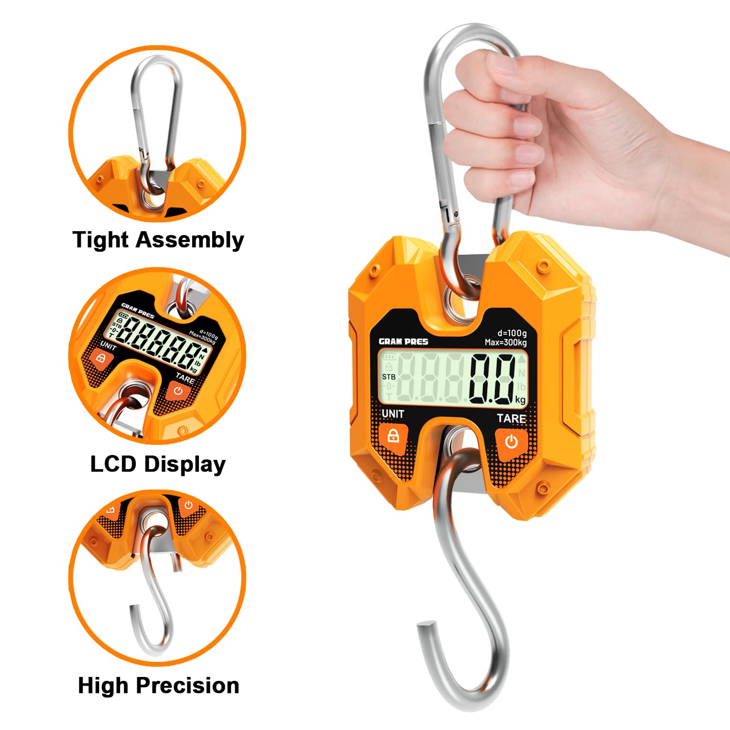 Detalle 2 de GRAM PRES Bilancia sospesa digitale 300 kg / 660 lb: bilancia portatile per caccia, pesca e uso all'aperto