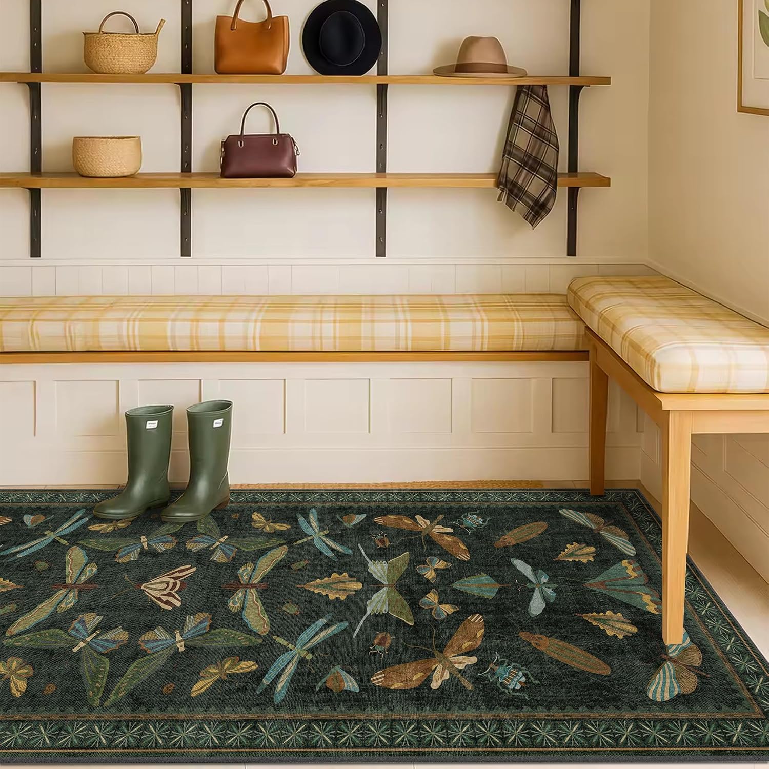 Detalle de Hazo Haus RUG 006 Dark Green 2'6" x 12' Runner Rug, Washable Low Pile