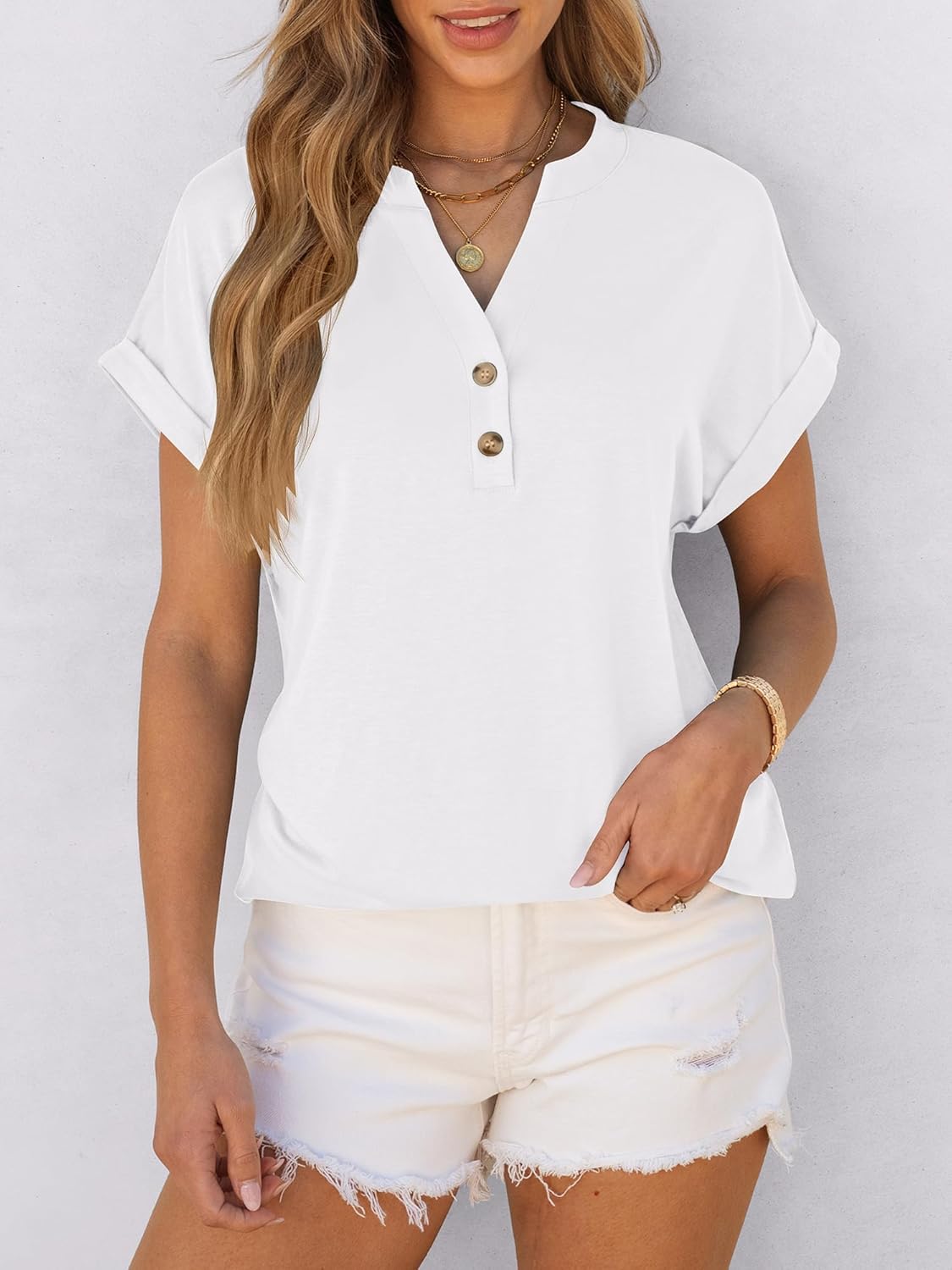 Detalle de ANRABESS Women's Short Sleeve Henley Tops with V-Neck — Dressy Casual Blouses for Summer