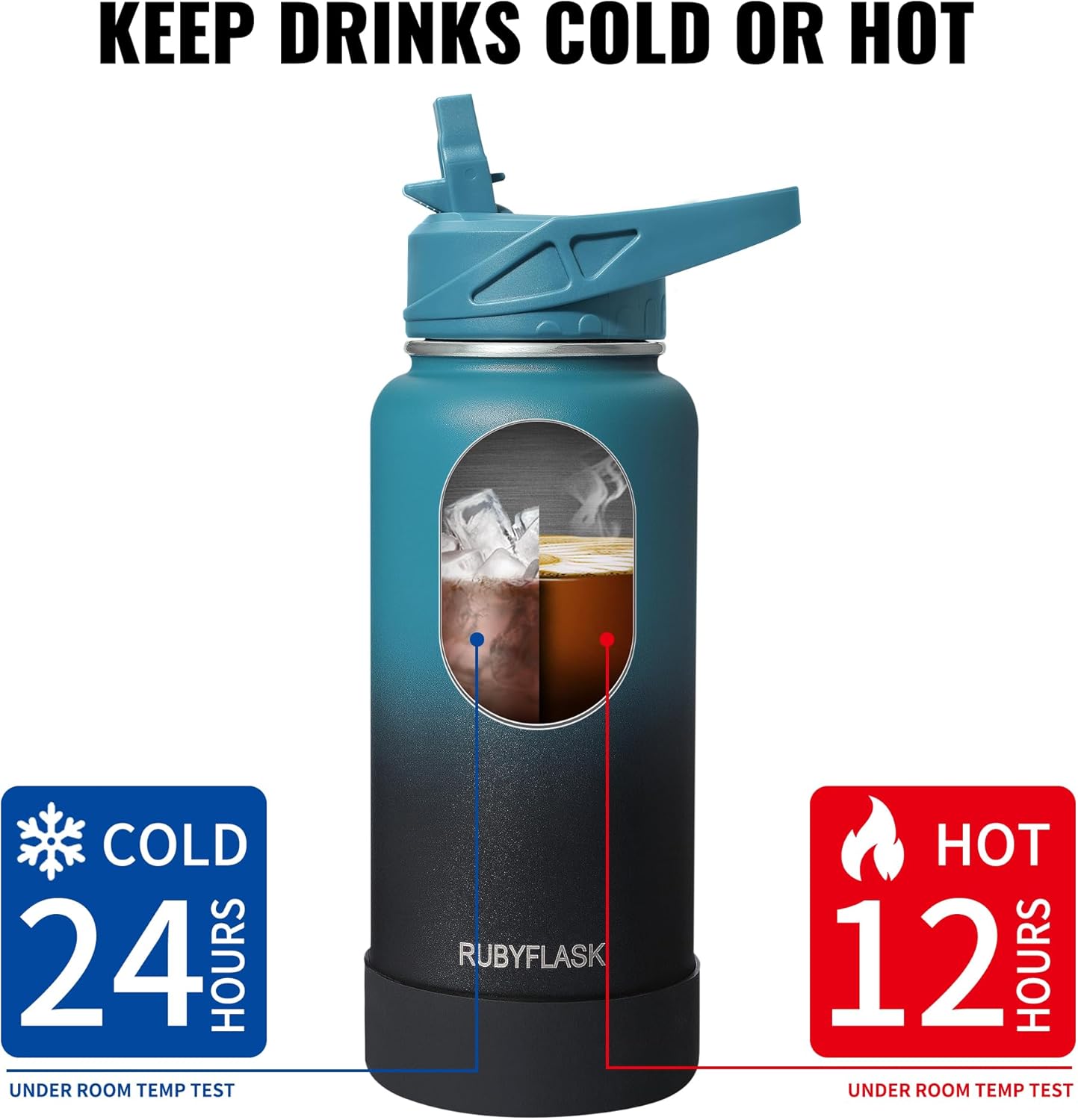 Thumbnail 3 de Rubyflask 32oz Insulated Water Bottle with Straw — Stainless Steel Vacuum Flask with 3 Lids (Indigo Black)