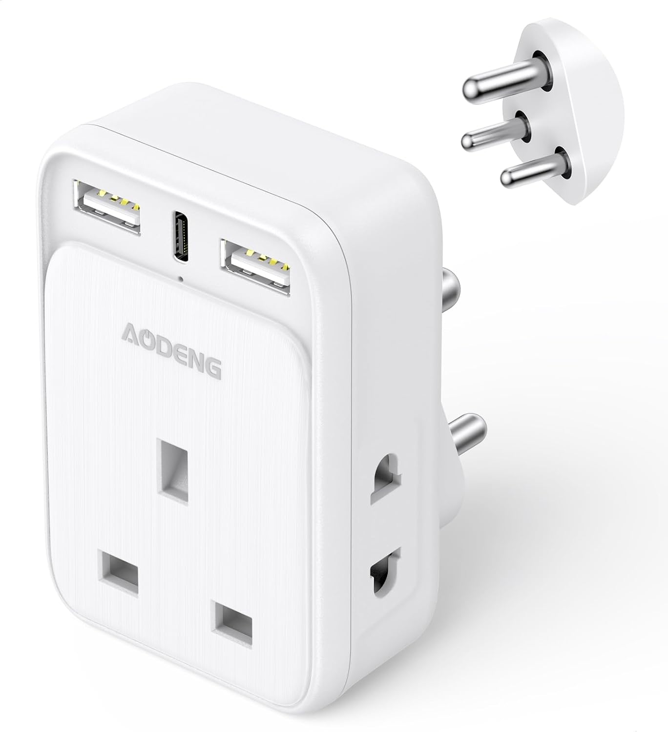 Detalle de AODENG UK to India Plug Adapter with 3 USB Ports (Type D) and Grounded Design