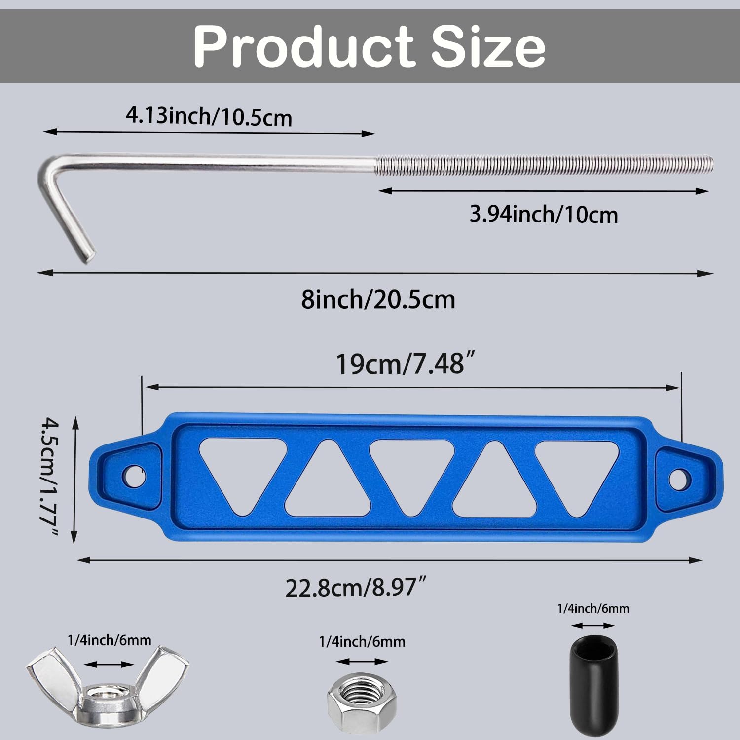 Detalle 2 de Tnisesm Blue Billet Aluminum Battery Hold-Down Bracket with 8-Inch J-Bolts