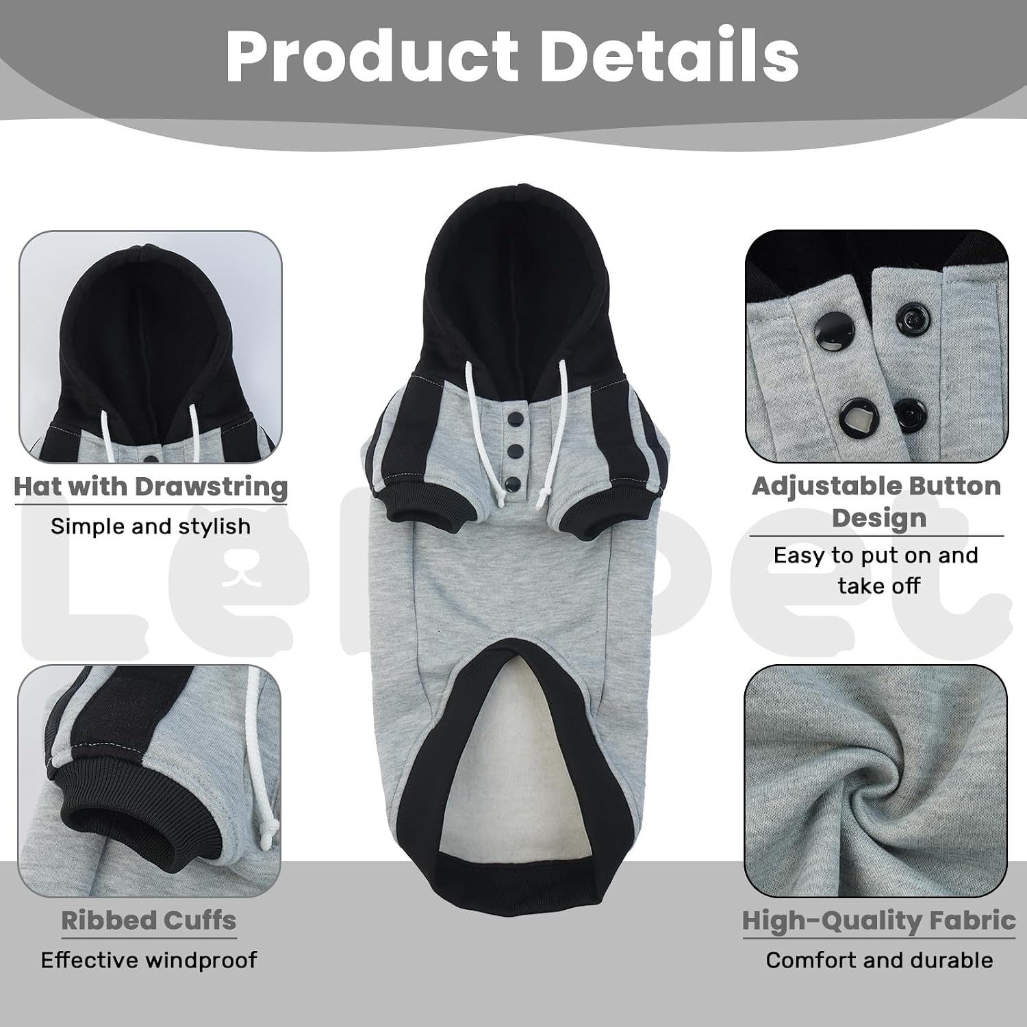 Detalle 2 de LeLePet Dachshund Hoodie Grey L – warm cotton fleece dog sweatshirt with hoodie and lead hole