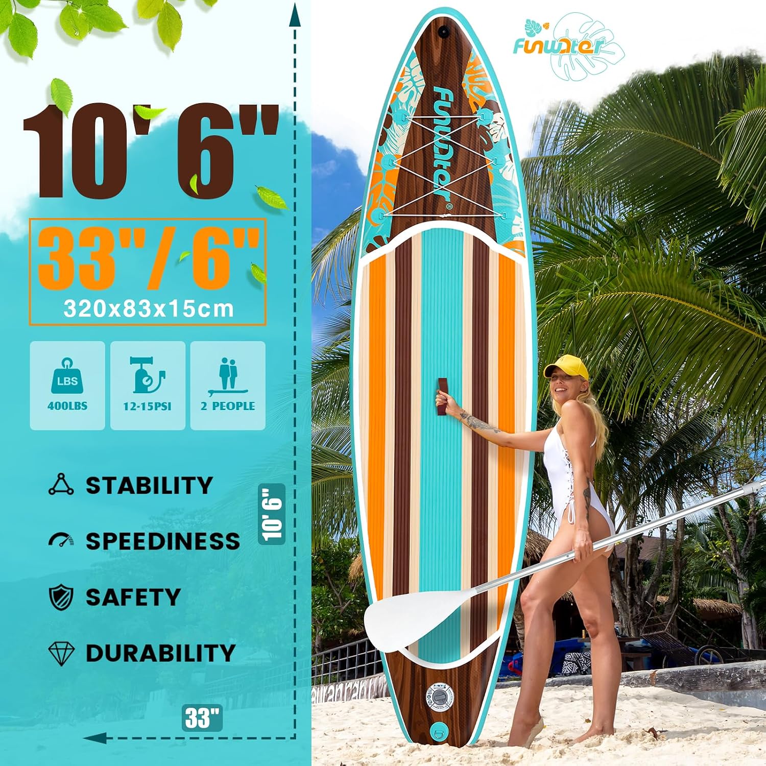 Detalle 2 de FunWater 11' / 10'6" Inflatable Stand Up Paddle Board (with SUP accessories, EVA deck, adjustable paddles)