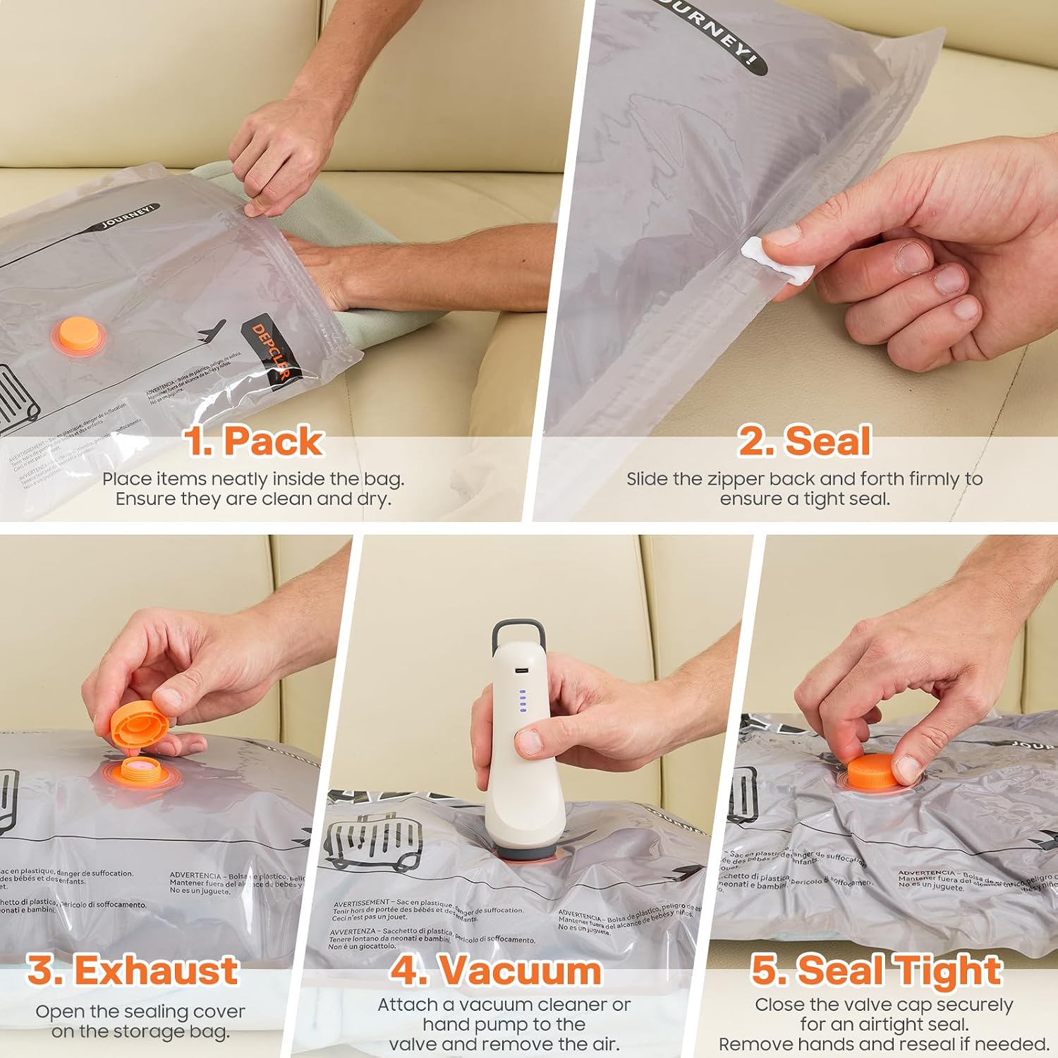 Detalle 2 de Depcler Vacuum Storage Bags, 15 Pack with Rechargeable Electric Pump