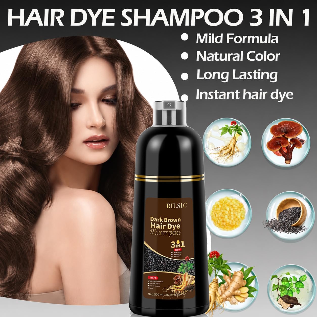 Detalle de RILSIC Shampoo Colorante Castano Scuro 500ML – 3 in 1 per Capelli Bianchi