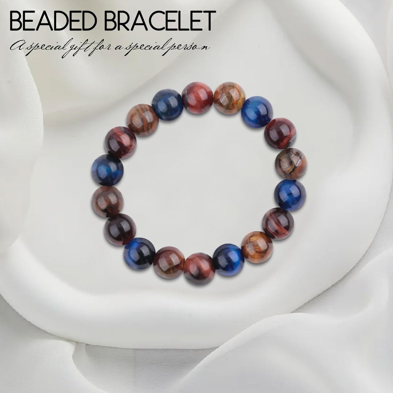 Detalle de Tigerauge Armband aus echtem Naturstein mit 10-mm-Perlen – verstellbar, elastisch, unisex