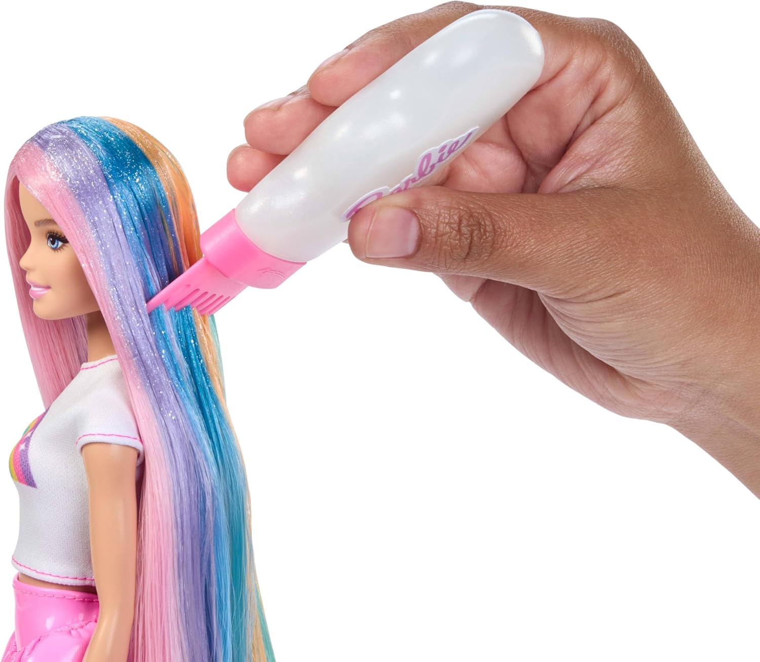 Thumbnail 2 de Barbie Regenbogen-Glitzerhaar Puppe JJP07 – Lange bunte Haare, 12 Styling-Zubehör
