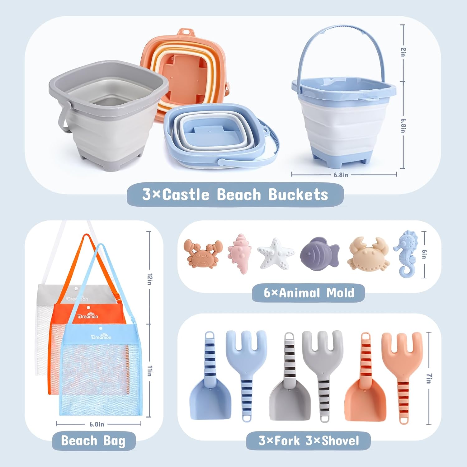 Detalle 2 de Dreamon Beach Sand Toys for Kids 18pcs – Collapsible Bucket & Shovels with Animal Moulds