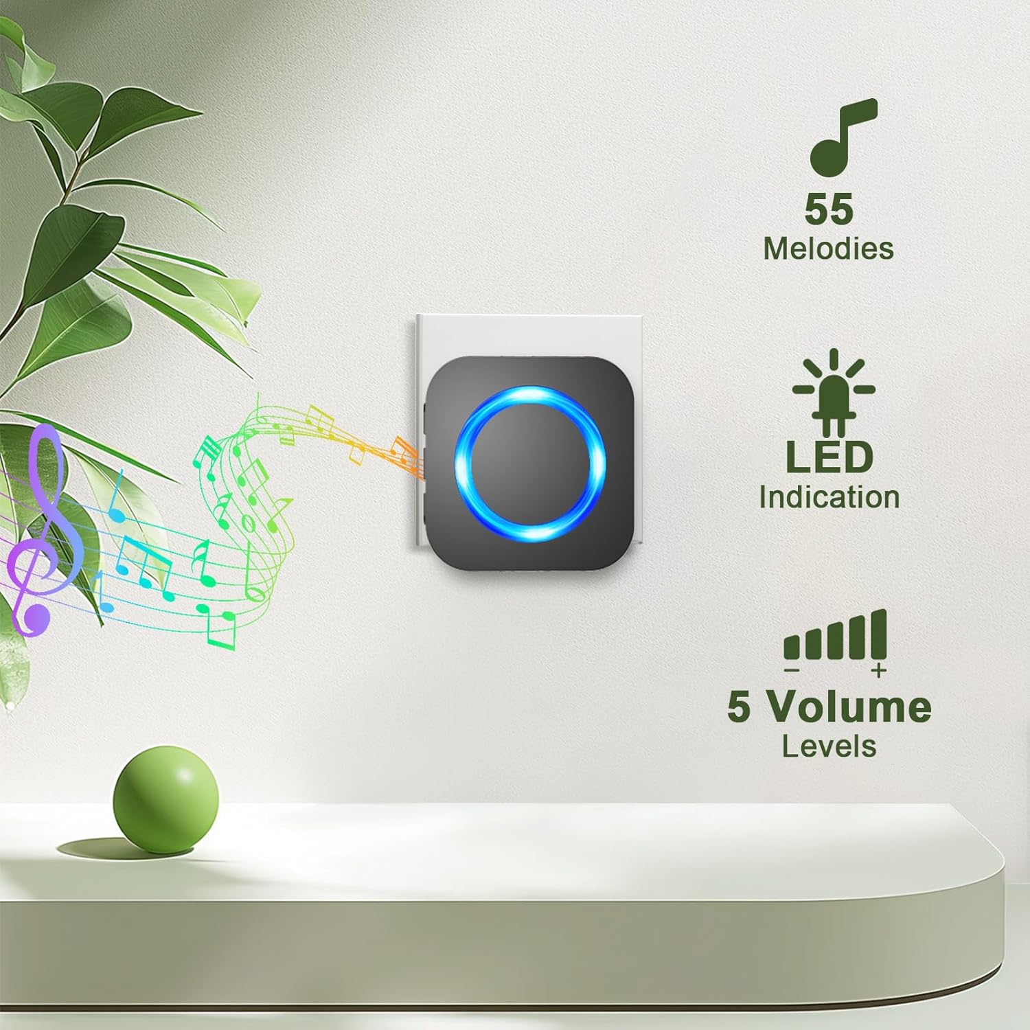 Detalle de SURFOU Wireless Doorbell – 1,300 ft Range, 55 Melodies, Waterproof Plug‑in Kit