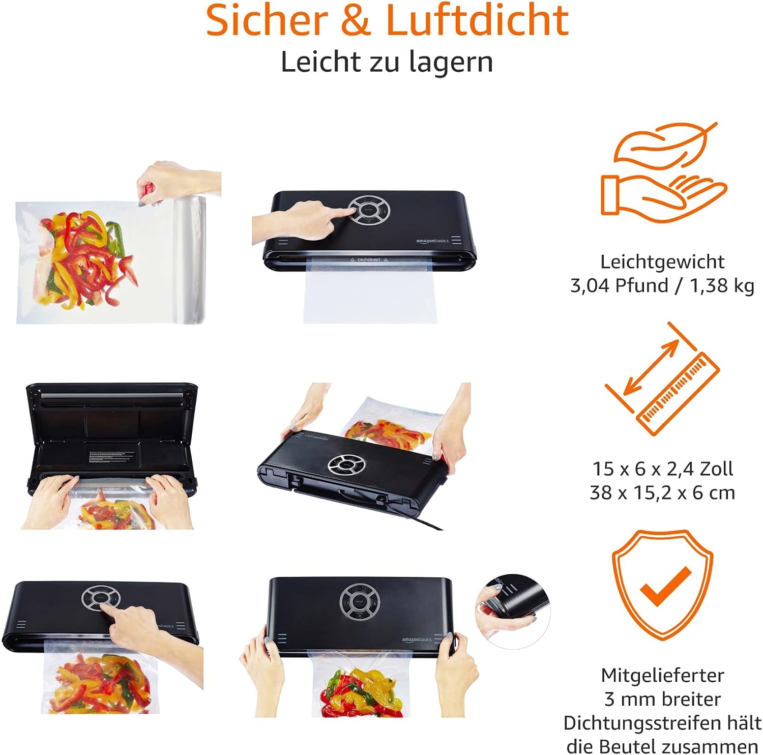 Detalle 2 de Amazon Basics Vakuumierer 30 cm Naht + 10 Vakuumierbeutel – zuverlässig fürs Sous-Vide und Aufbewahrung