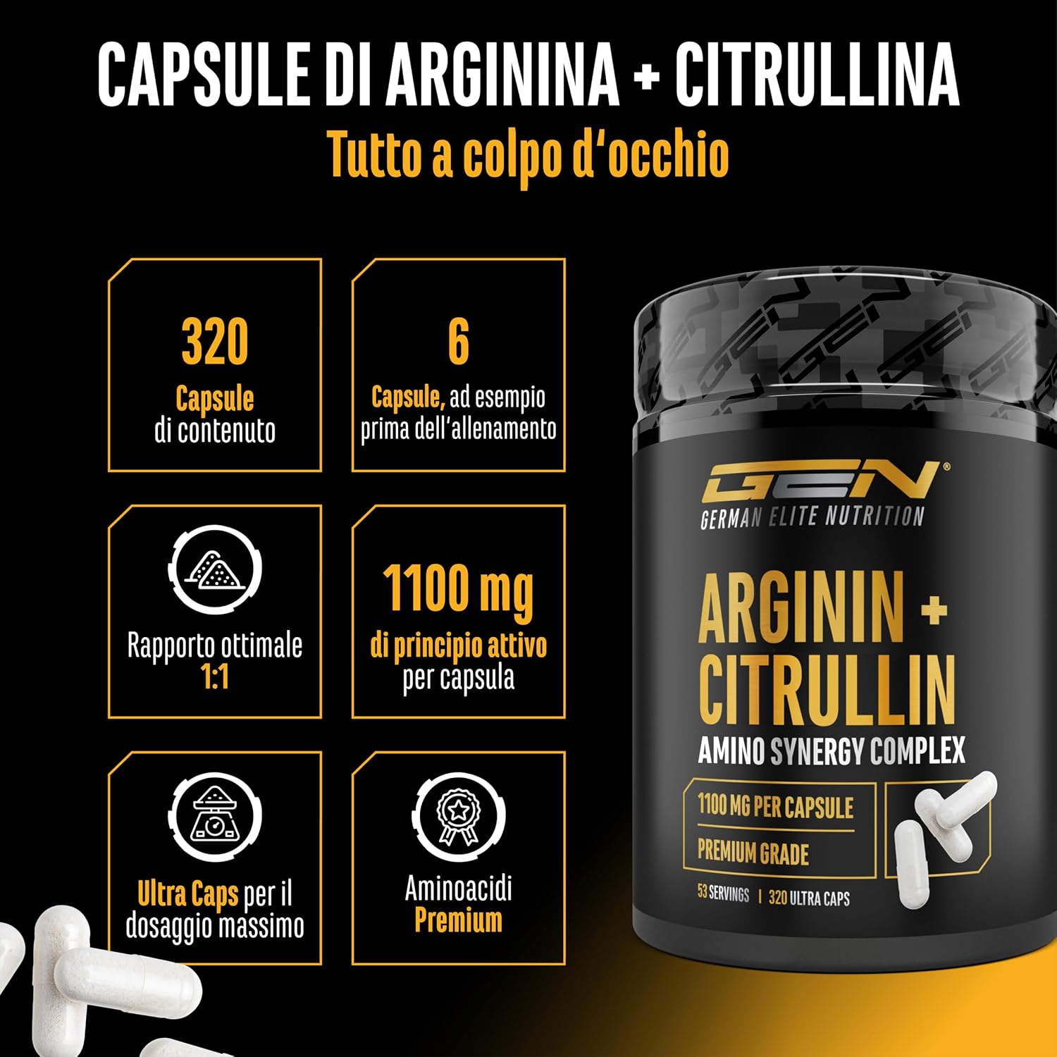 Thumbnail 1 de L-arginina + L-citrullina Ultra Caps ad alto dosaggio — 320 capsule da 1100 mg