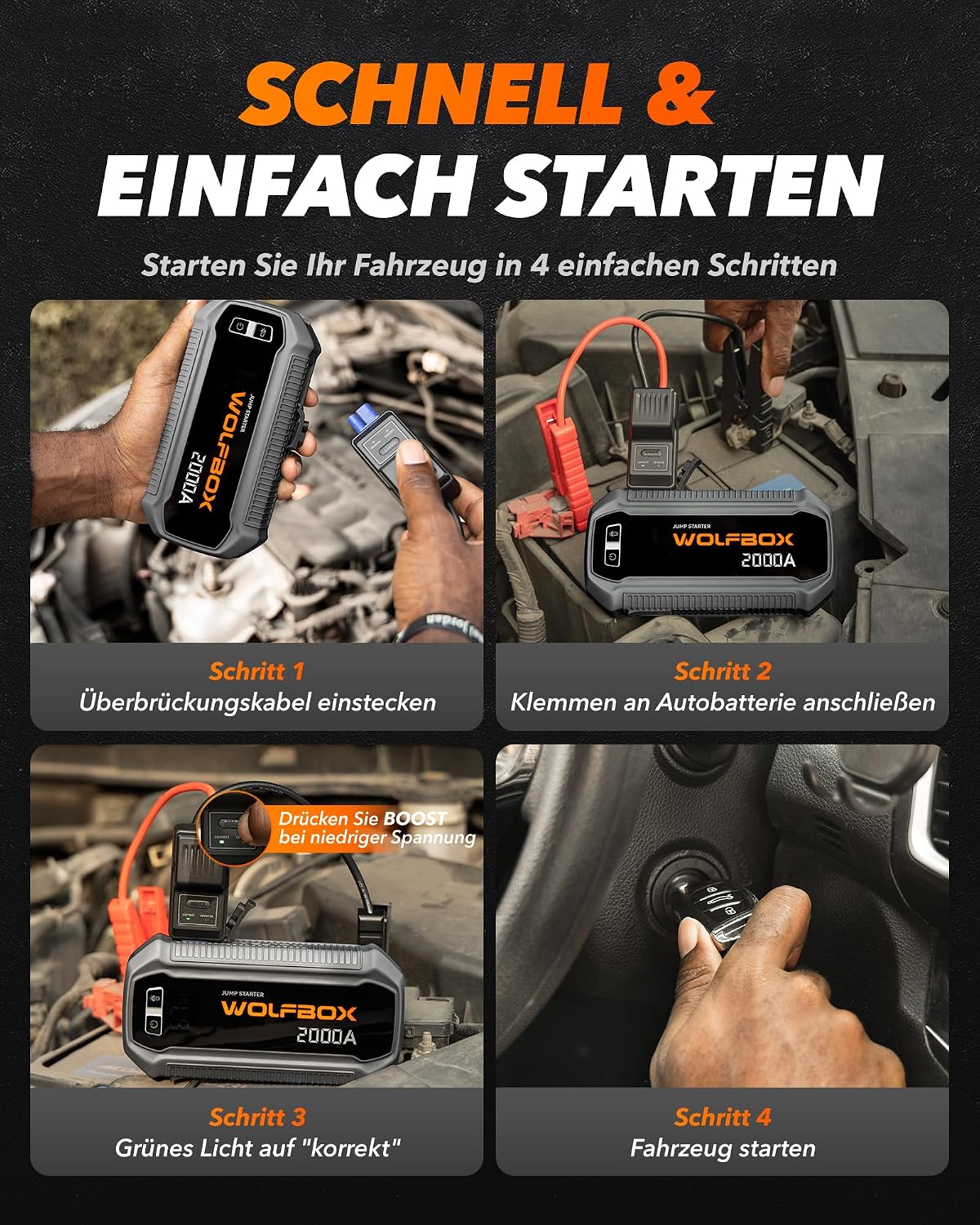 Thumbnail 6 de WOLFBOX Starthilfe Powerbank 2000A – 12V Notfall-Booster mit LED-Lampe, Display und Starthilfekabel