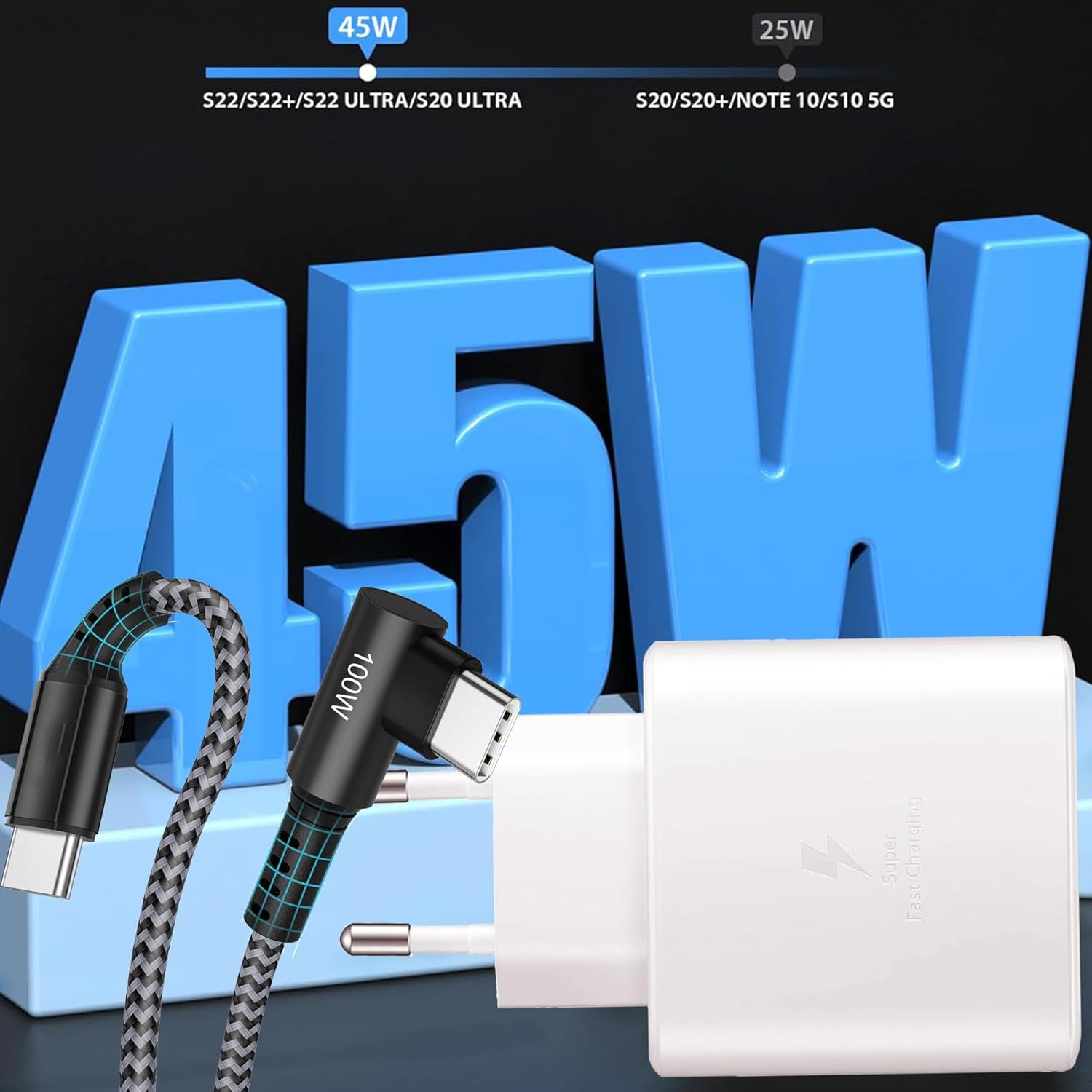 Thumbnail 1 de KAIMENGLONG 45W USB C Schnellladegerät mit 2 m Nylon-Kabel (90°) – kompakt, sicher, ideal für Samsung Galaxy Serie