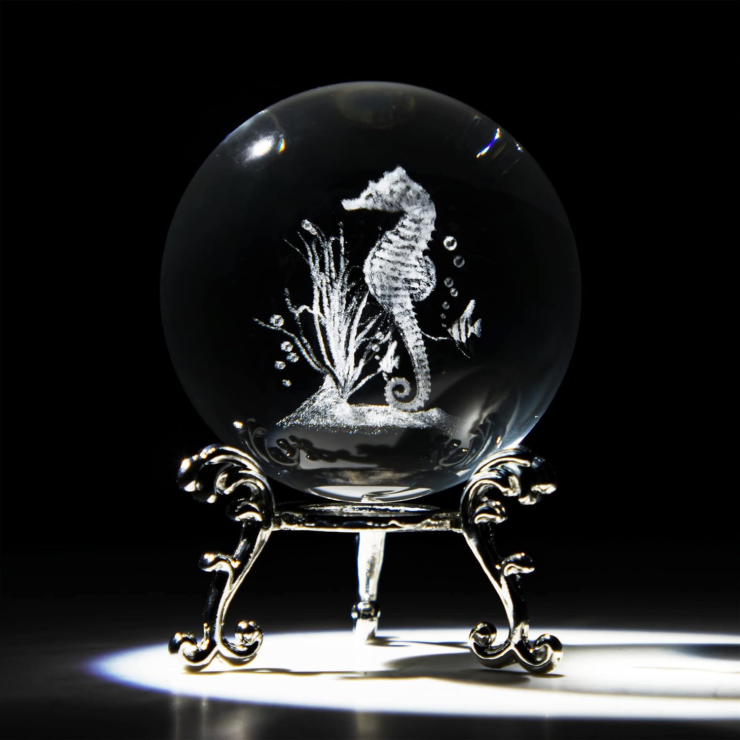 Thumbnail 2 de 60mm 3D Seahorse Crystal Ball Figurine with Stand – glass laser-engraved paperweight ornament