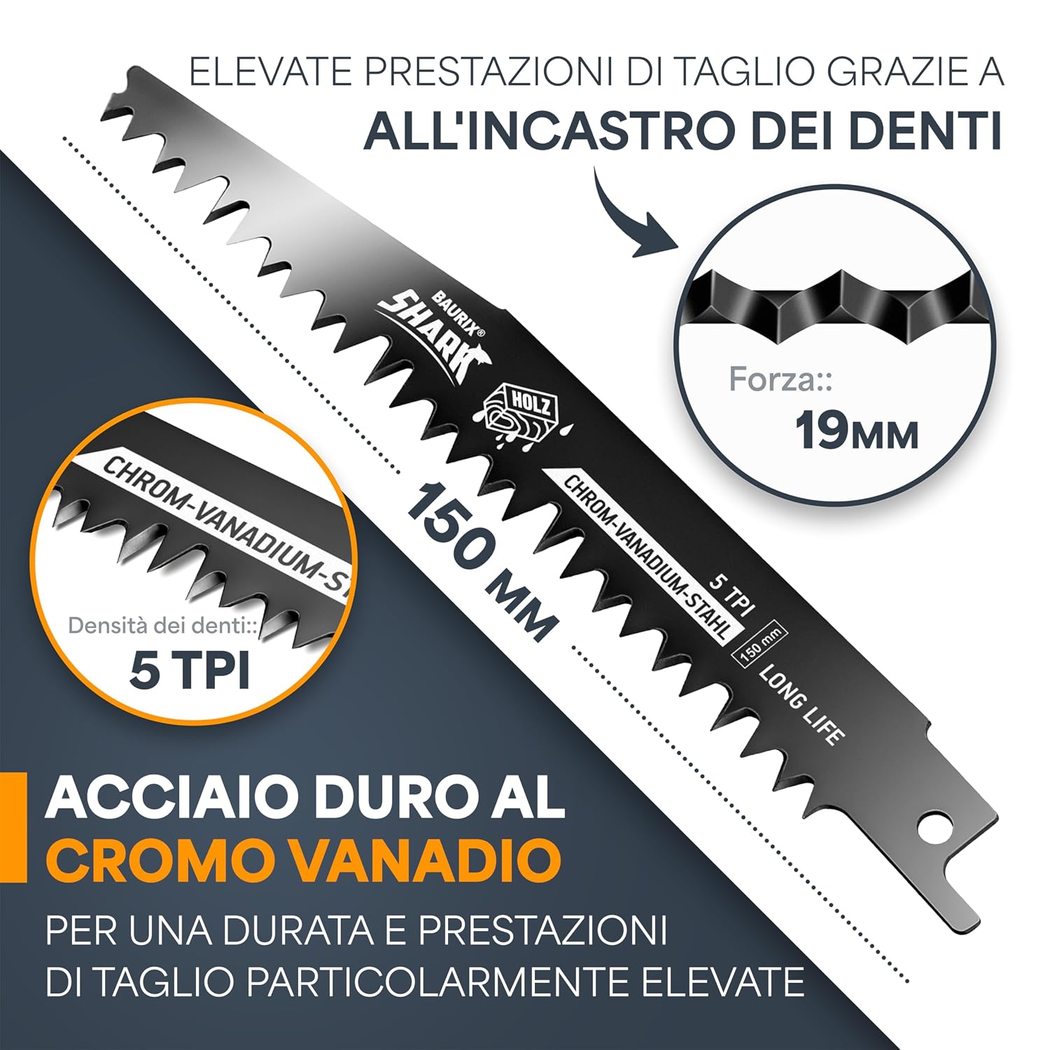 Detalle de BAURIX Lame per Seghetto SHARK 150 mm (5 pezzi) – 5 TPI per tagli veloci e puliti del legno