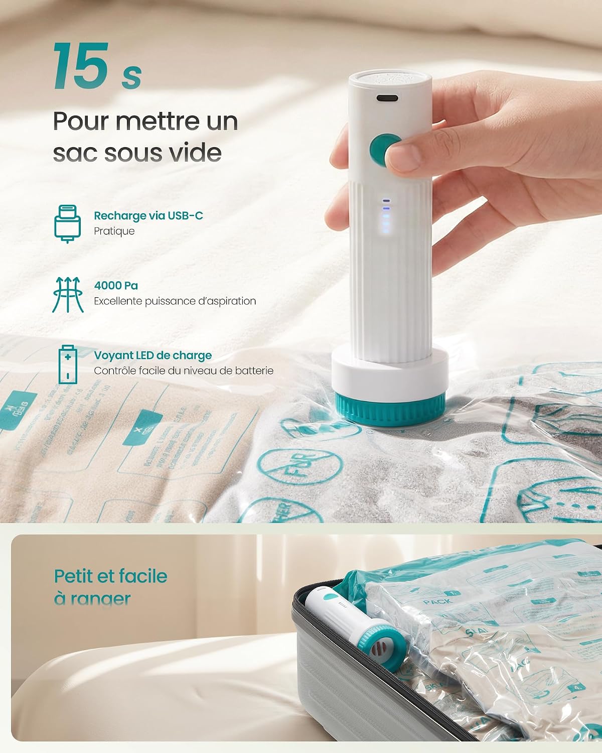 Detalle de SONGMICS LVB201W101 – 9 housses sous vide transparentes avec pompe électrique rechargeable USB-C
