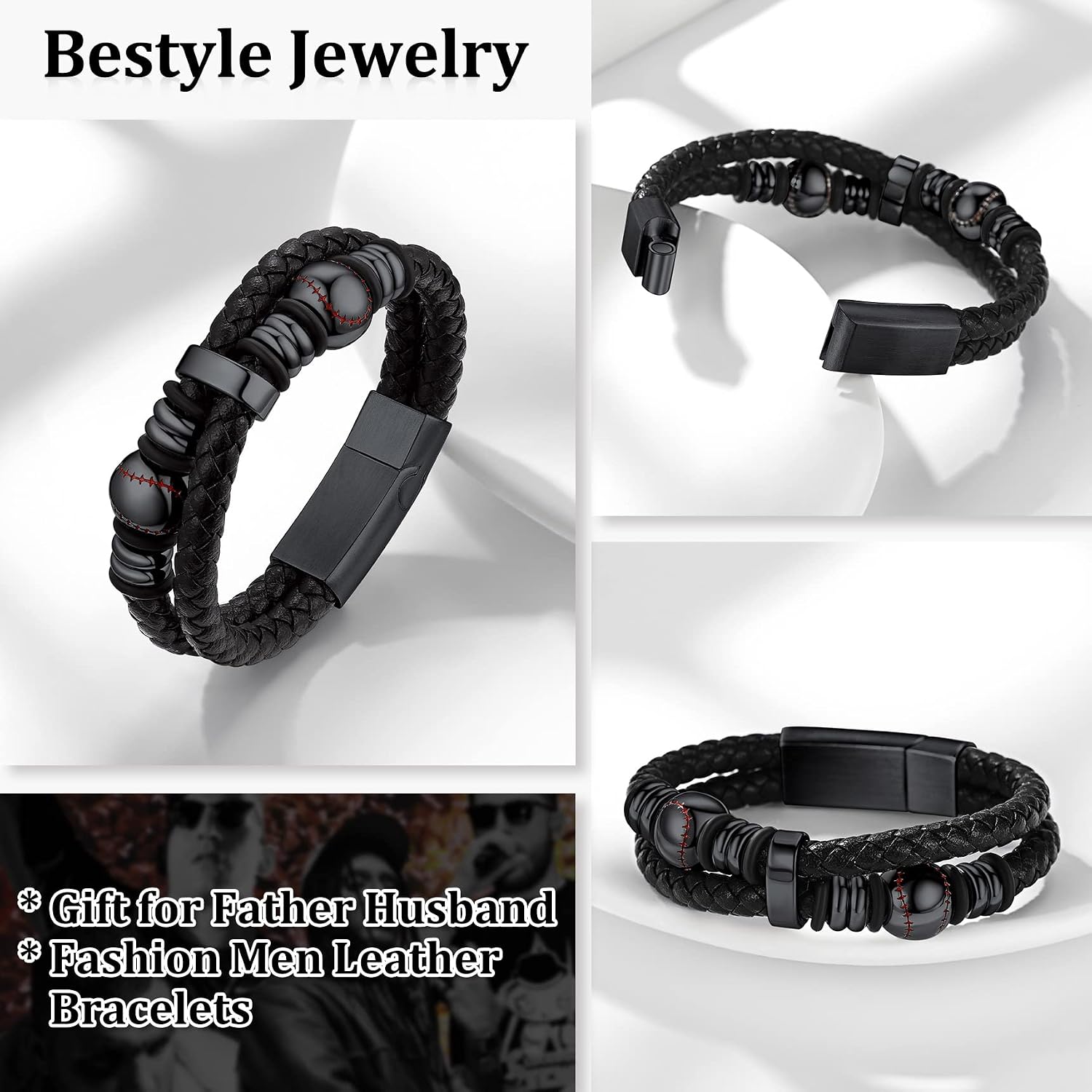 Detalle de Bestyle Lederarmband für Männer mit Edelstahl & Magnetverschluss (Gold/Silber/Schwarz) – Flechtarmband