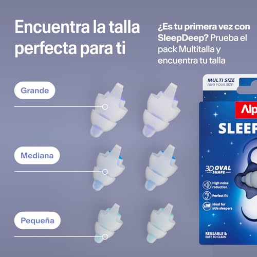 Detalle de SleepDeep Tapones de Oídos para Dormir de Alpine – 3 pares (S, M, L) para dormir de lado