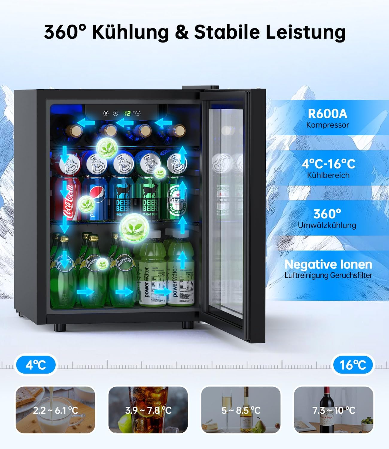 Detalle de WIE Getränkekühlschrank 48L mit Glastür – kompakter Allrounder für Küche, Büro und Bar