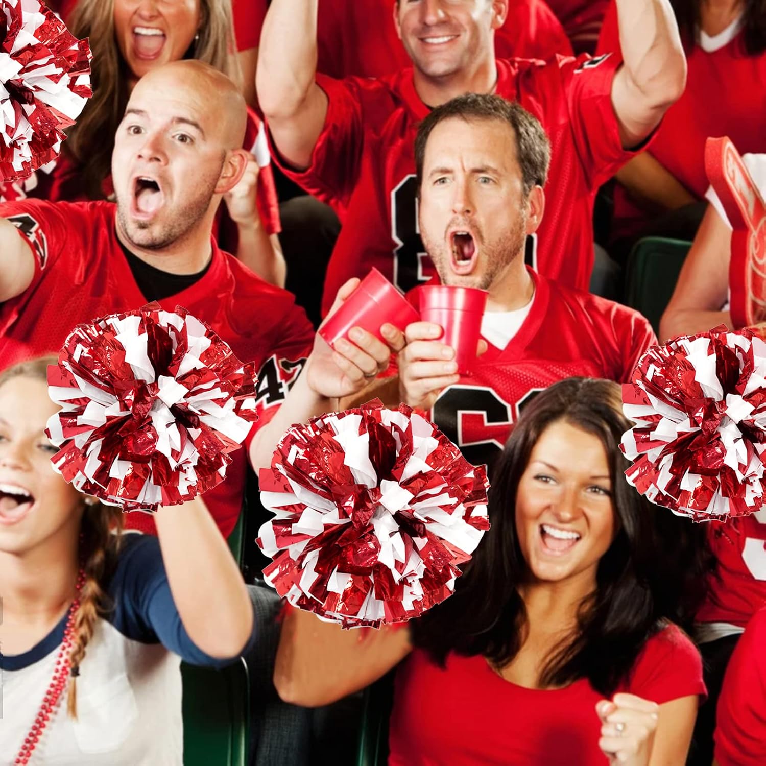 Detalle de CREATIEE-PRO Cheer Pom Poms, 4-Piece Red-and-White Metallic Set