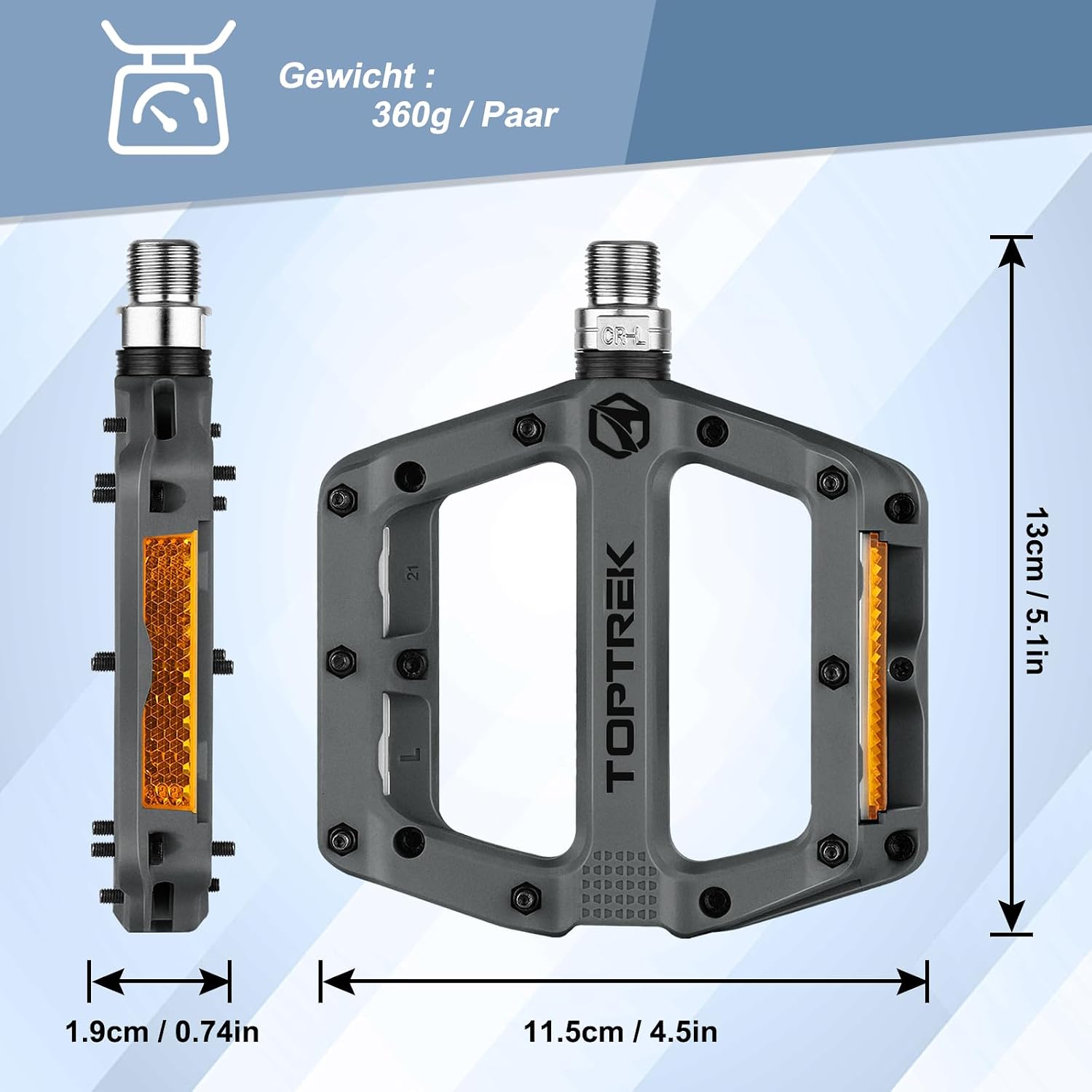 Thumbnail 2 de toptrek Fahrradpedale mit StVZO Reflektoren (Nylon-Composite Flatpedale) – 9/16 Zoll Set für MTB, Trekking & E-Bike