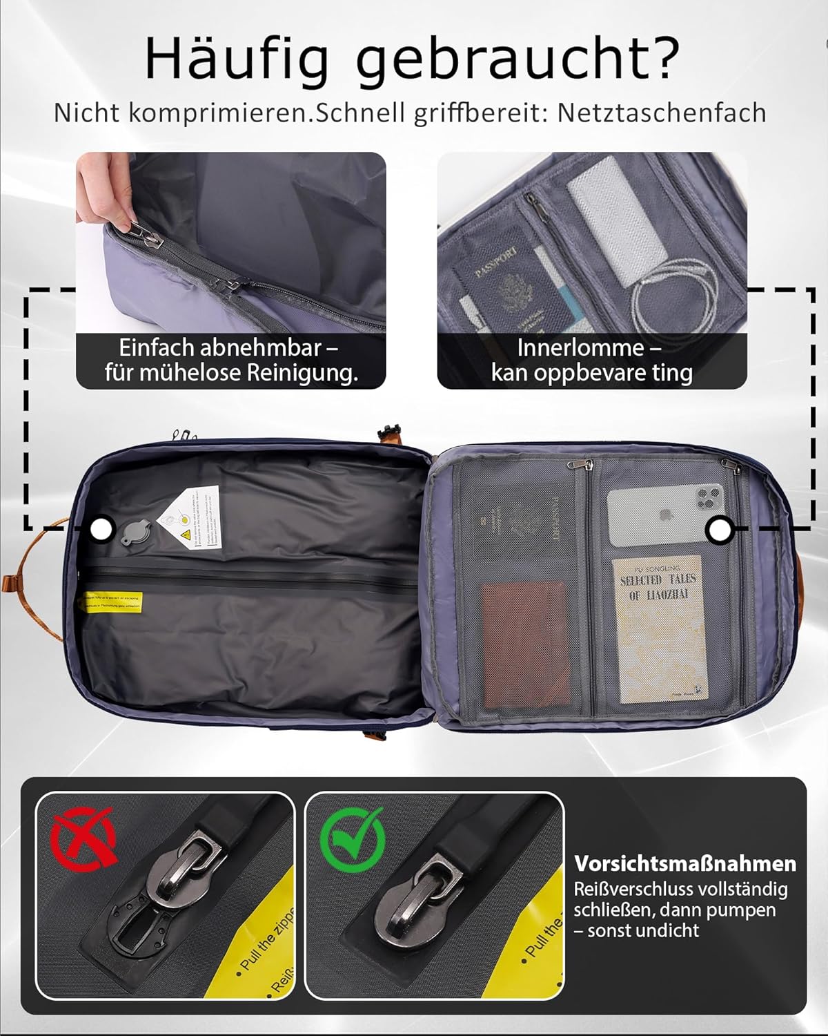 Detalle de COOLIFE Vakuum Rucksack Handgepäck 45x36x20 cm – kompakter Begleiter für Flugreisen