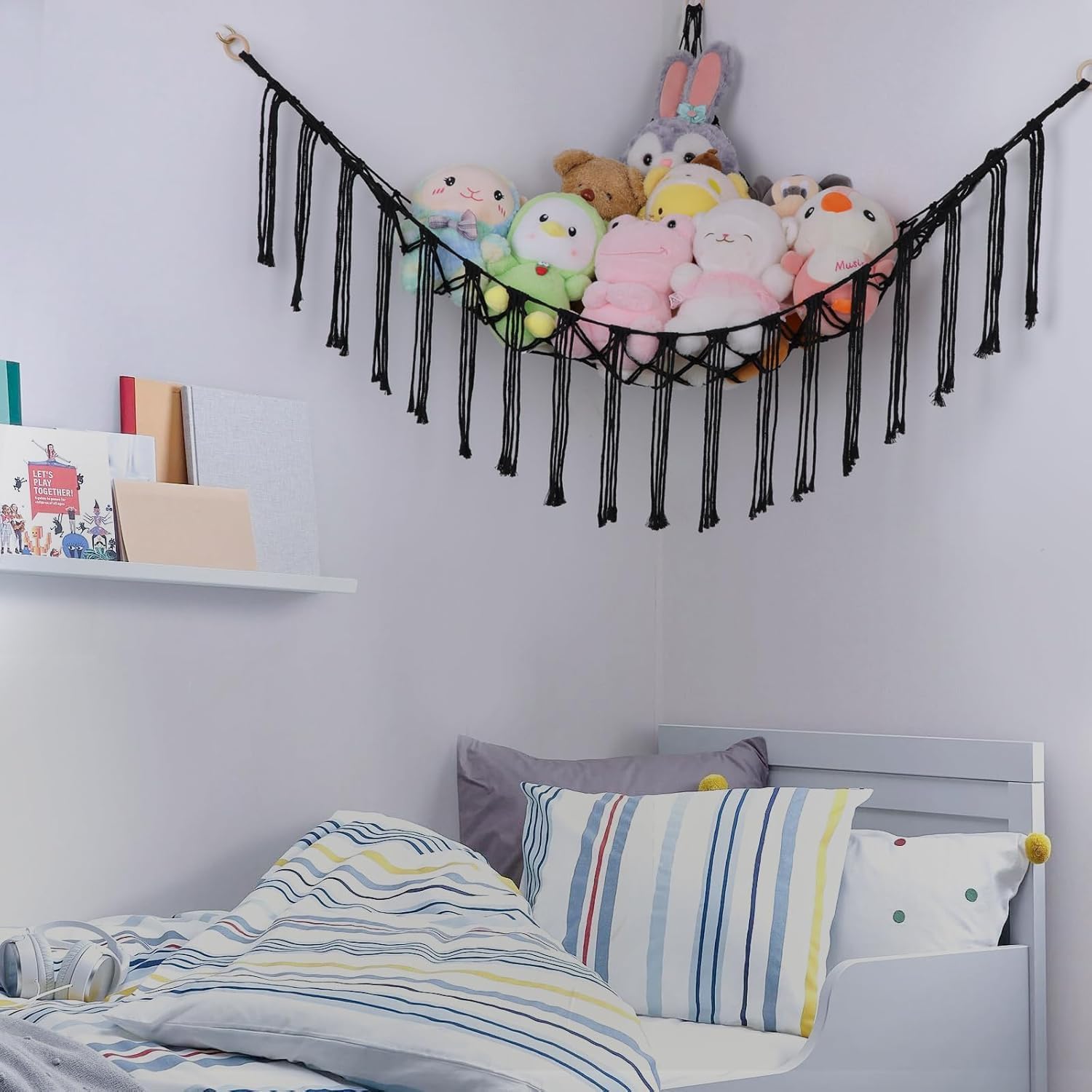 Detalle de Beler GW366 opbergnet voor knuffeldieren, 2-delig, zwart katoen