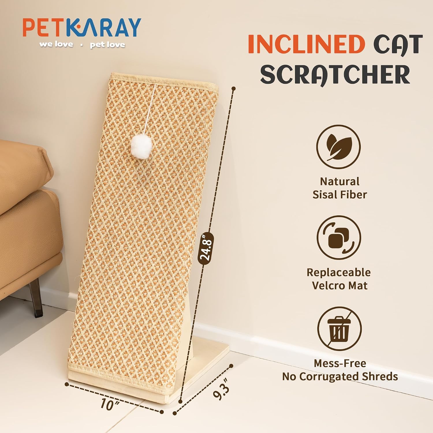 Detalle de PETKARAY Cat Scratcher: 65 cm Natural Sisal With Ramp and Wooden Stability