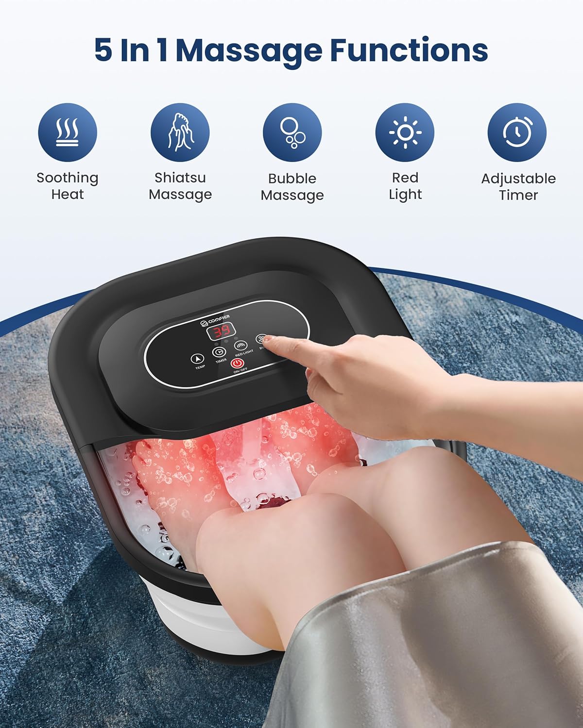 Detalle de COMFIER Fußbad Massagegerät mit Heizung – Faltbar, 35–48°C, Blasenmassage, Timer, Bimsstein