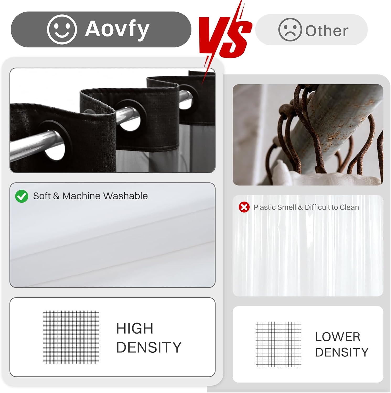 Thumbnail 2 de Aovfy No Hook Slub Shower Curtain, Black, 71 x 74, with Removable Liner