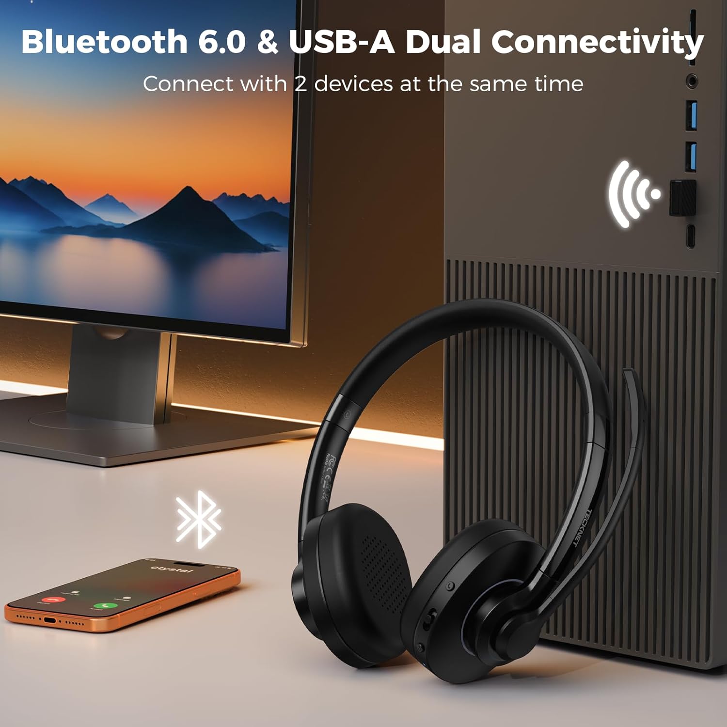 Thumbnail 2 de TECKNET Bluetooth Headset with AI Noise Cancellation: Dual-Mode USB-A & Bluetooth 6.0 On-Ear Headphones